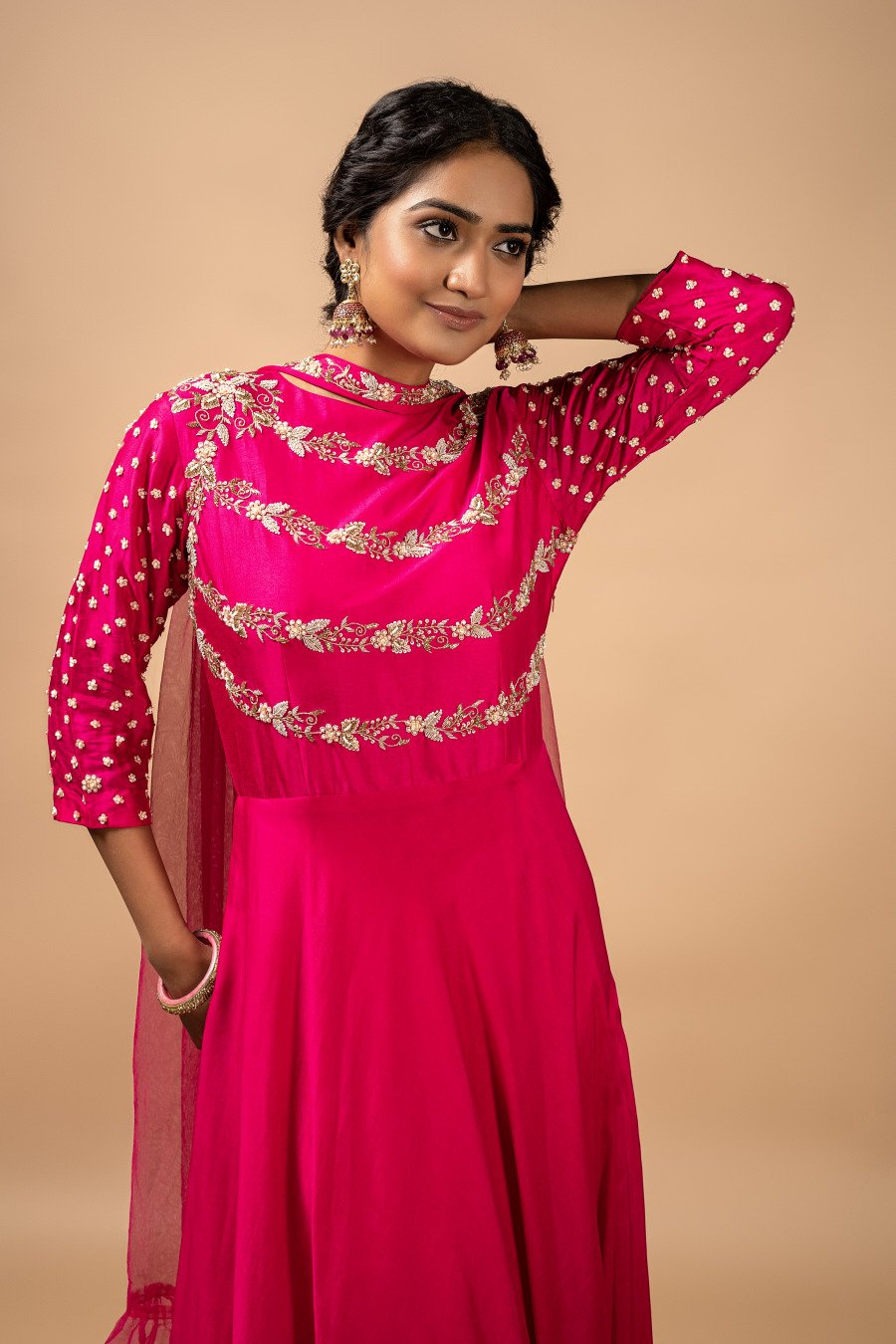 Hot Pink Pure Silk Embroidered Anarkali