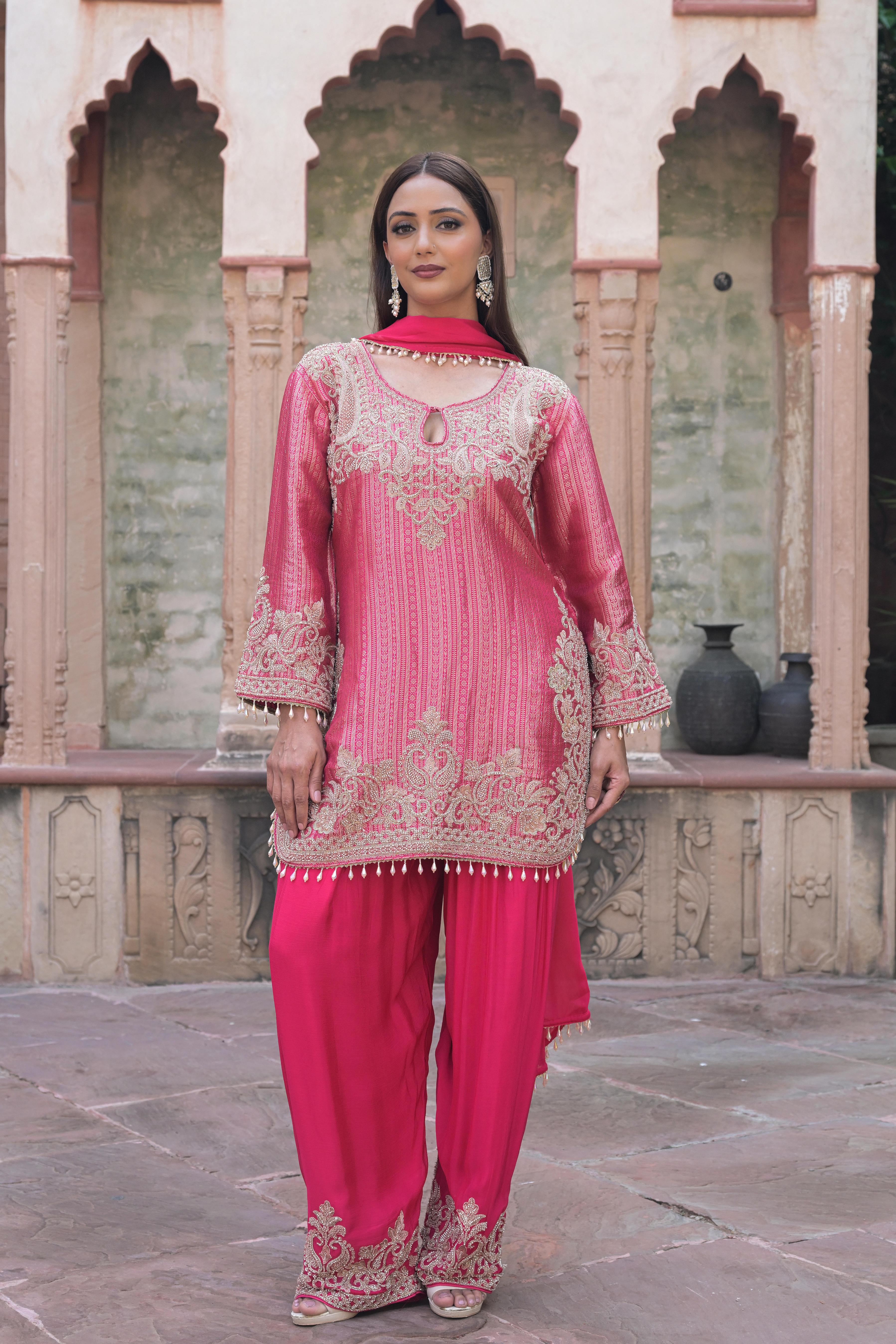 Vivid Pink Embellished Brocade Silk Pant Set
