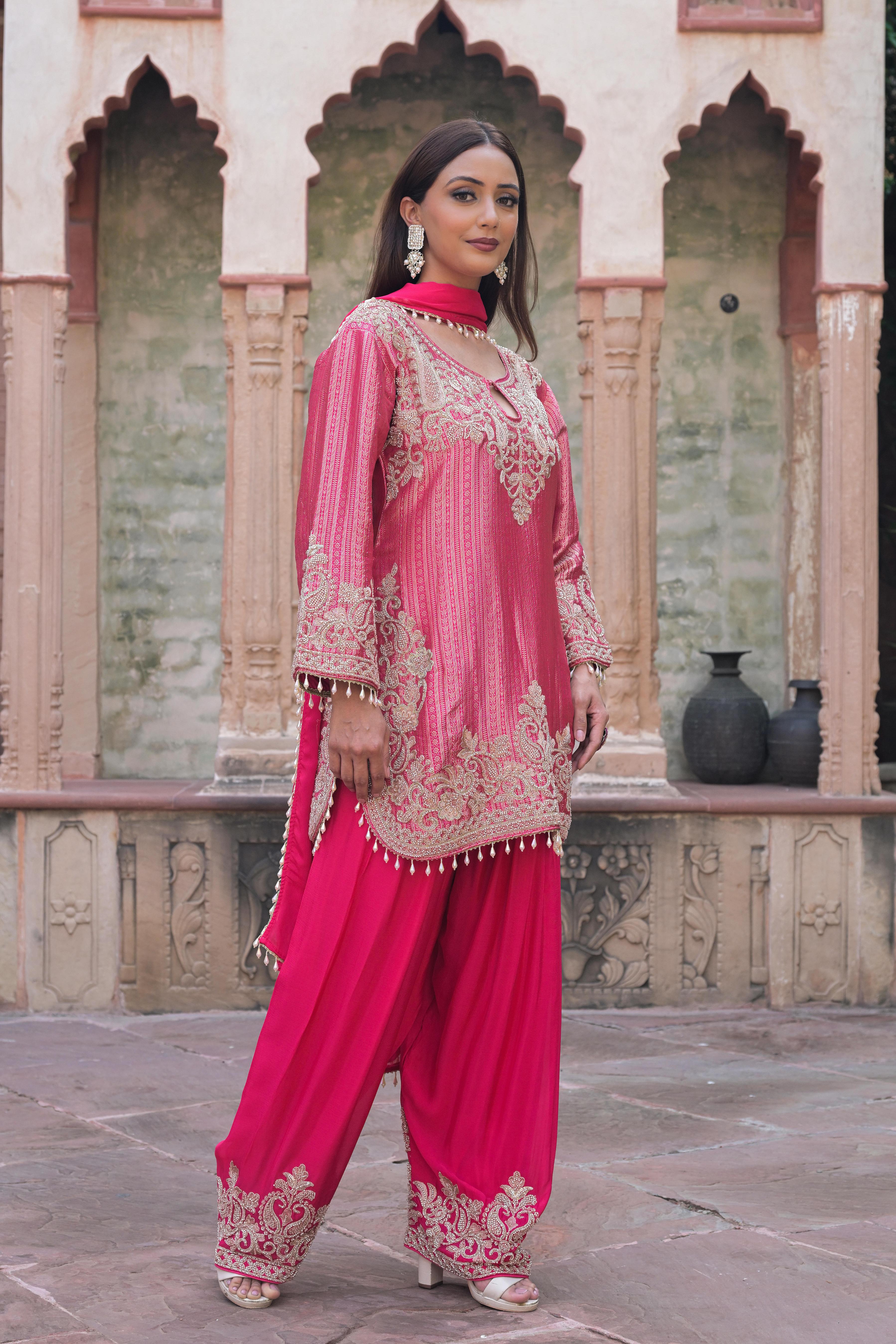 Vivid Pink Embellished Brocade Silk Pant Set