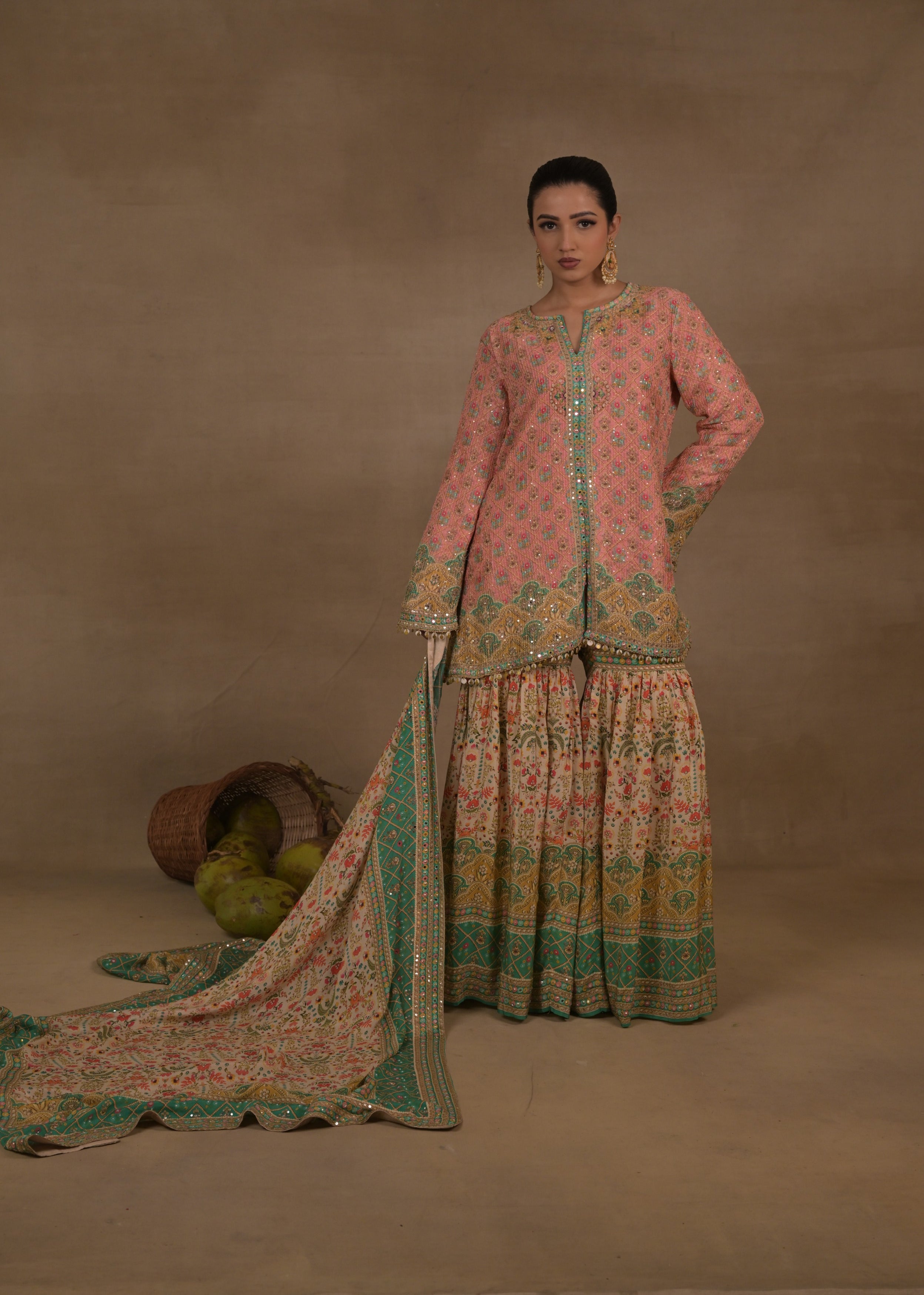 Blush Coral Embellished Crepe Silk Sharara Set