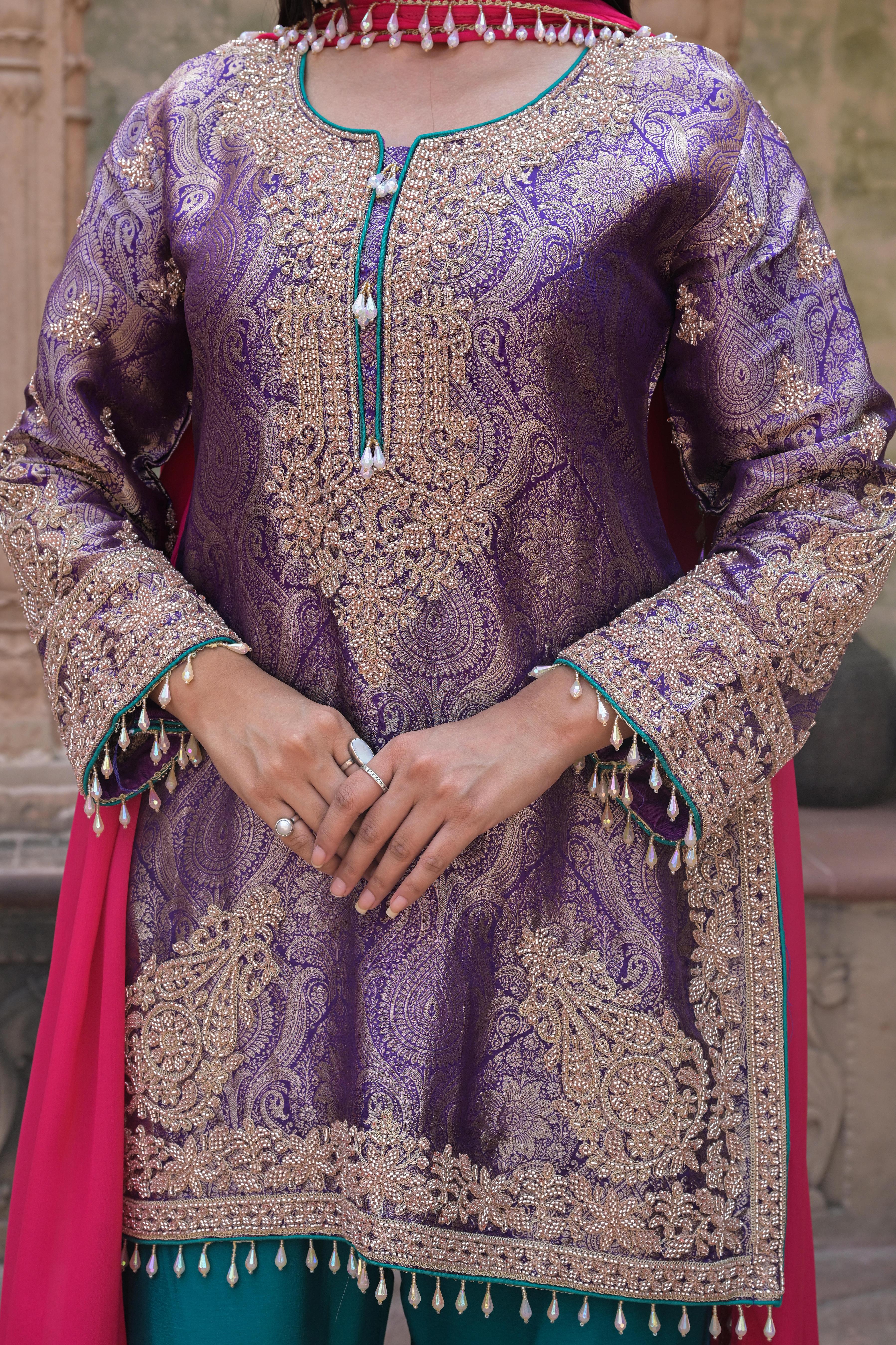 Royal Purple Embellished Banarasi Silk Pant Set
