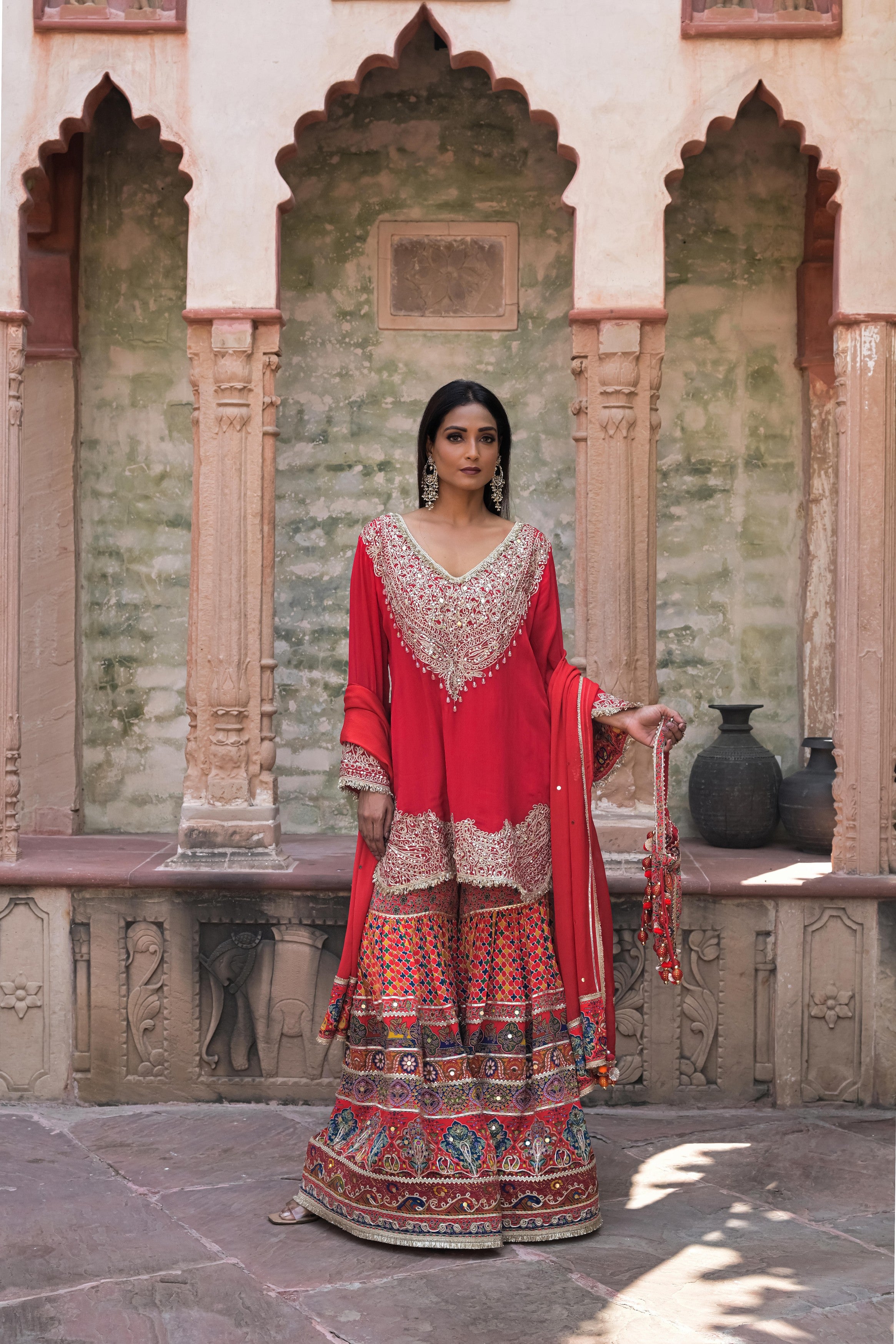 Bright Red Embellished Chinon Silk Sharara Set
