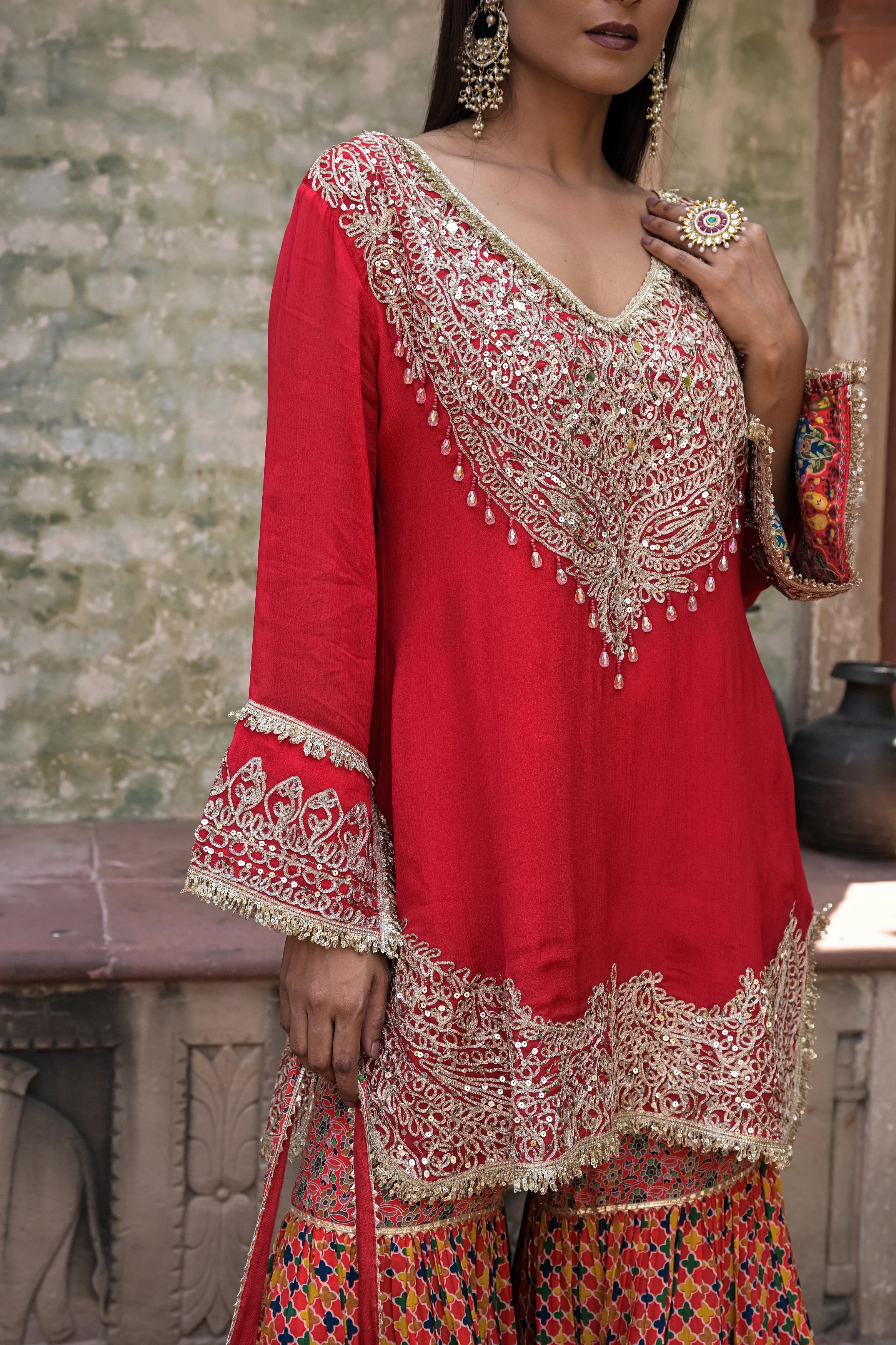 Bright Red Embellished Chinon Silk Sharara Set