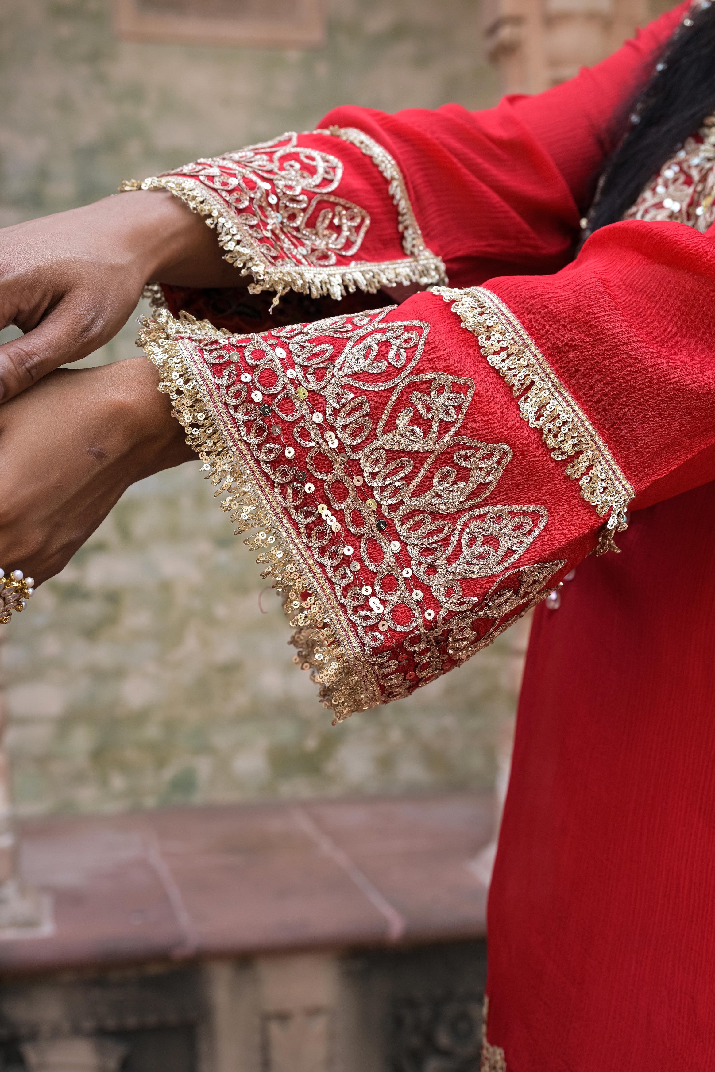 Bright Red Embellished Chinon Silk Sharara Set