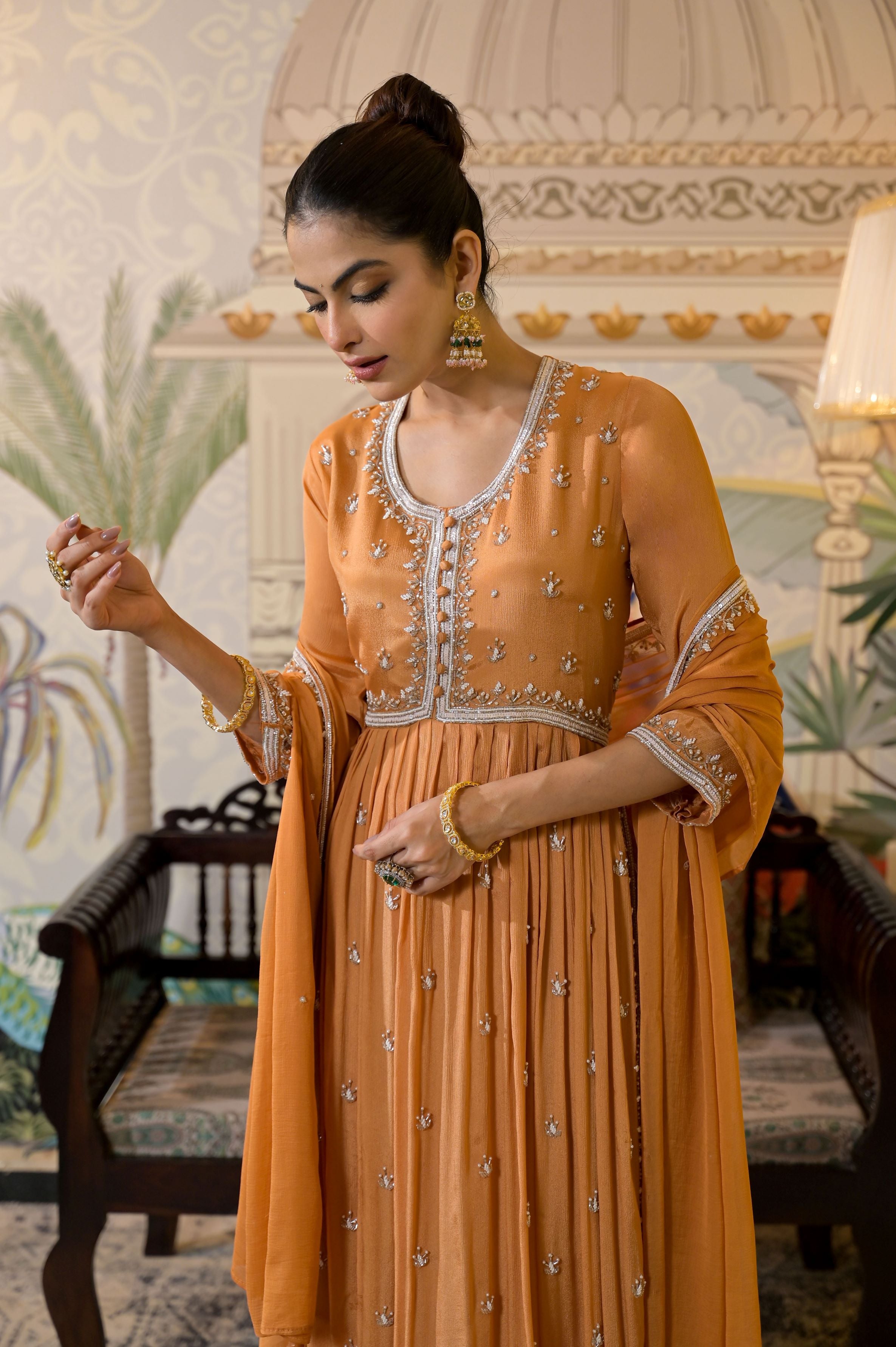 Orange Embellished Chinon Silk Anarkali Set