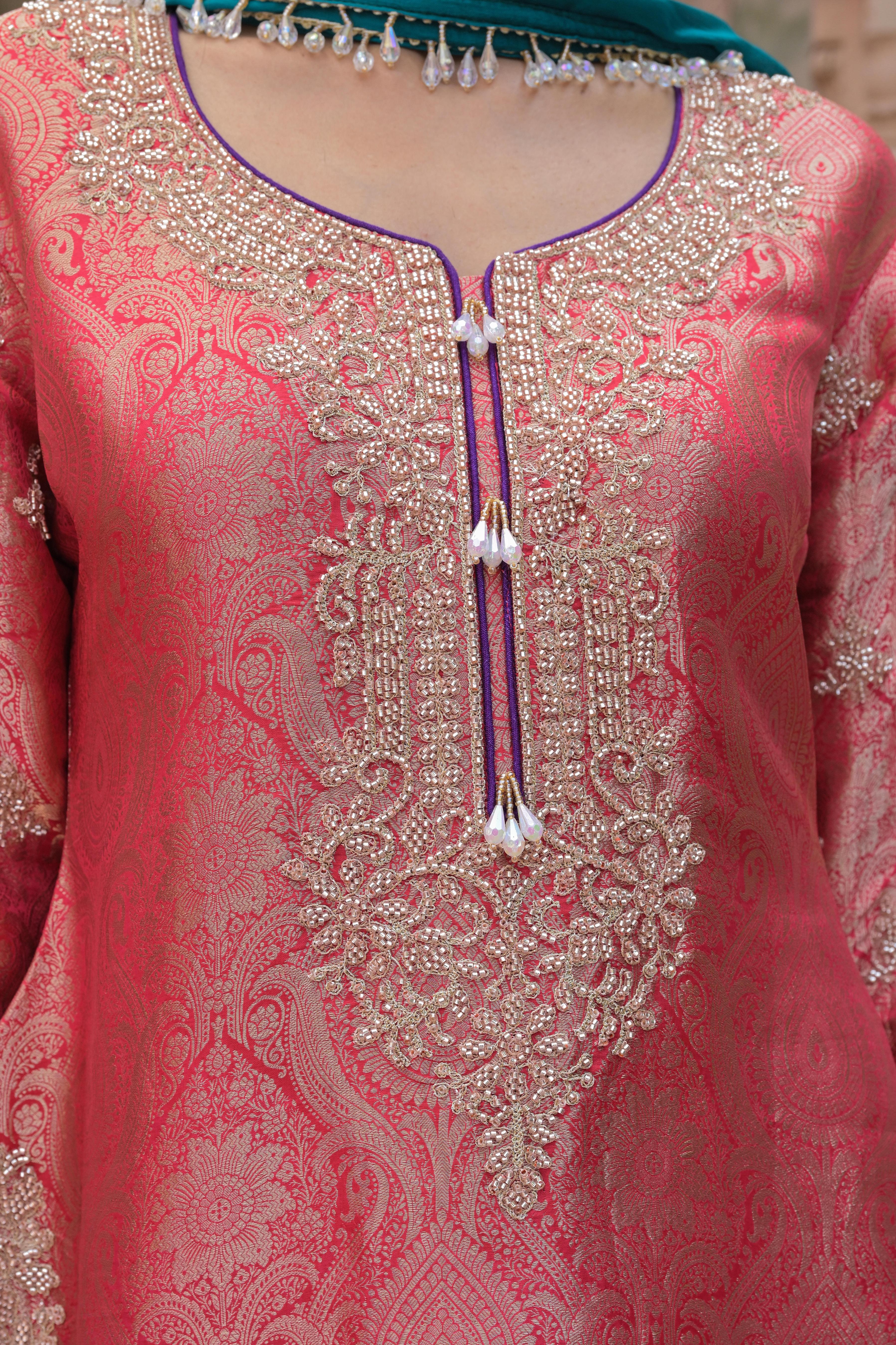 Coral Pink Embellished Banarasi Silk Pant Set