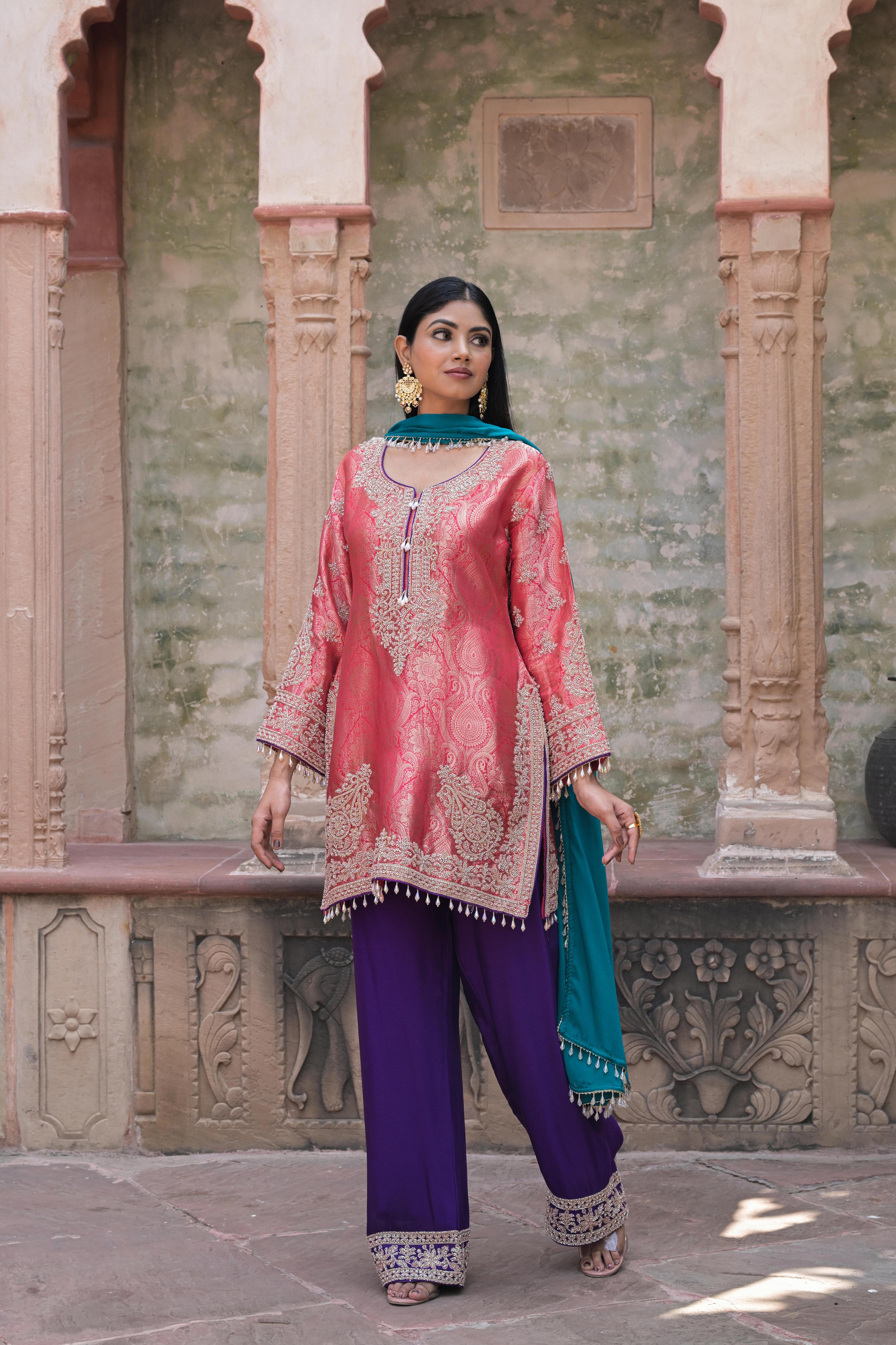 Coral Pink Embellished Banarasi Silk Pant Set