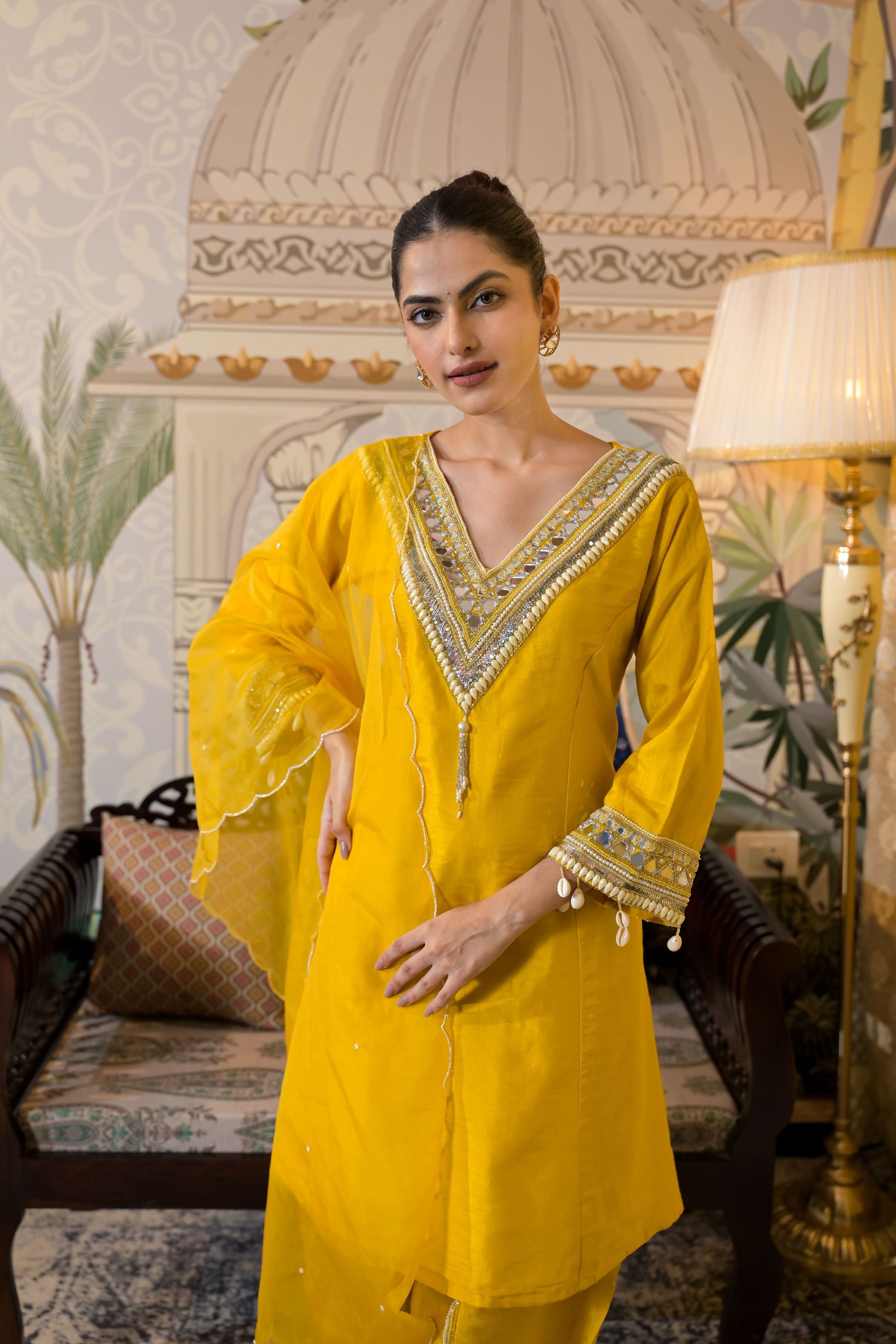 Yellow Embroidered Raw Silk Dhoti Set