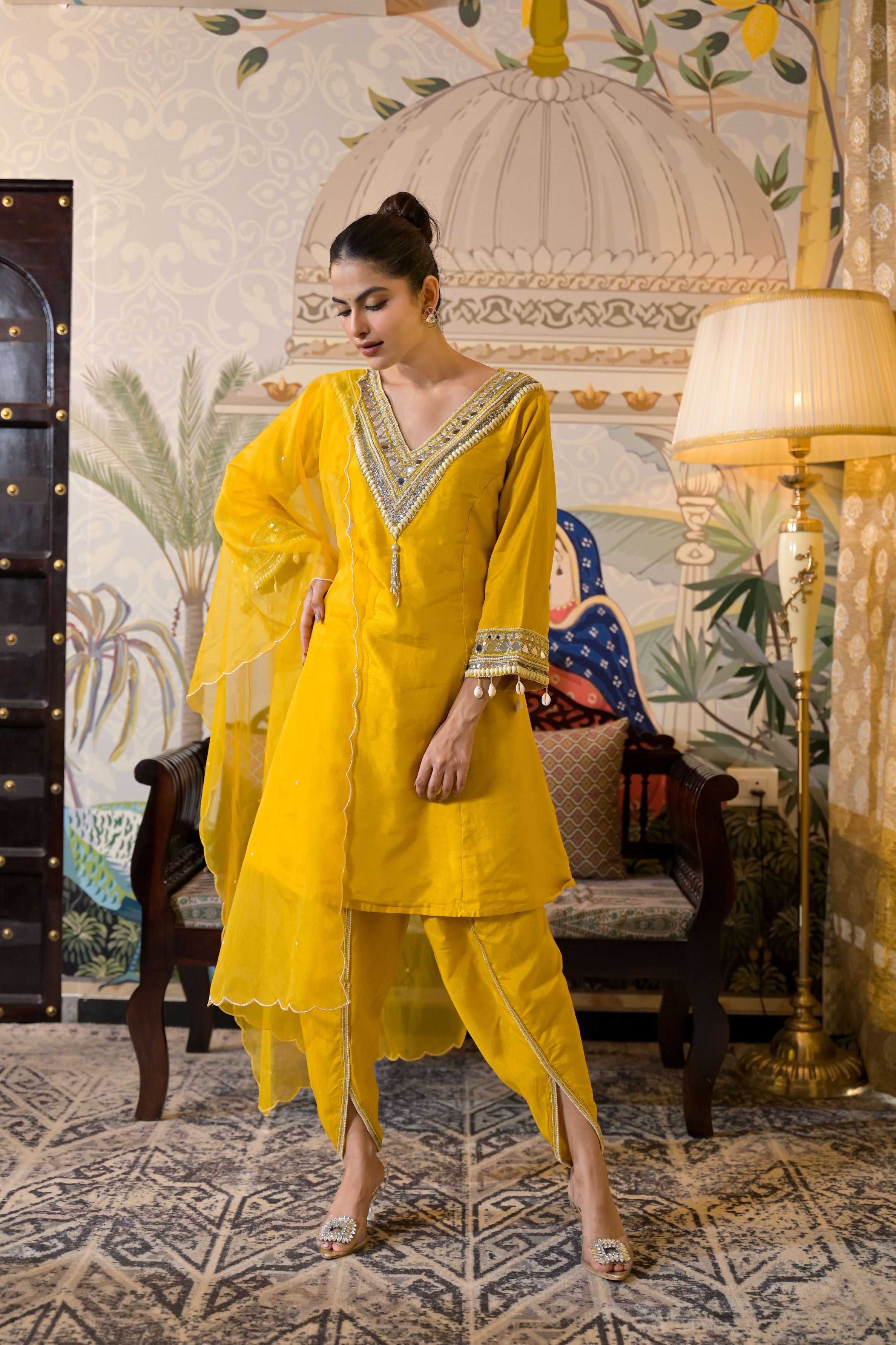 Yellow Embroidered Raw Silk Dhoti Set