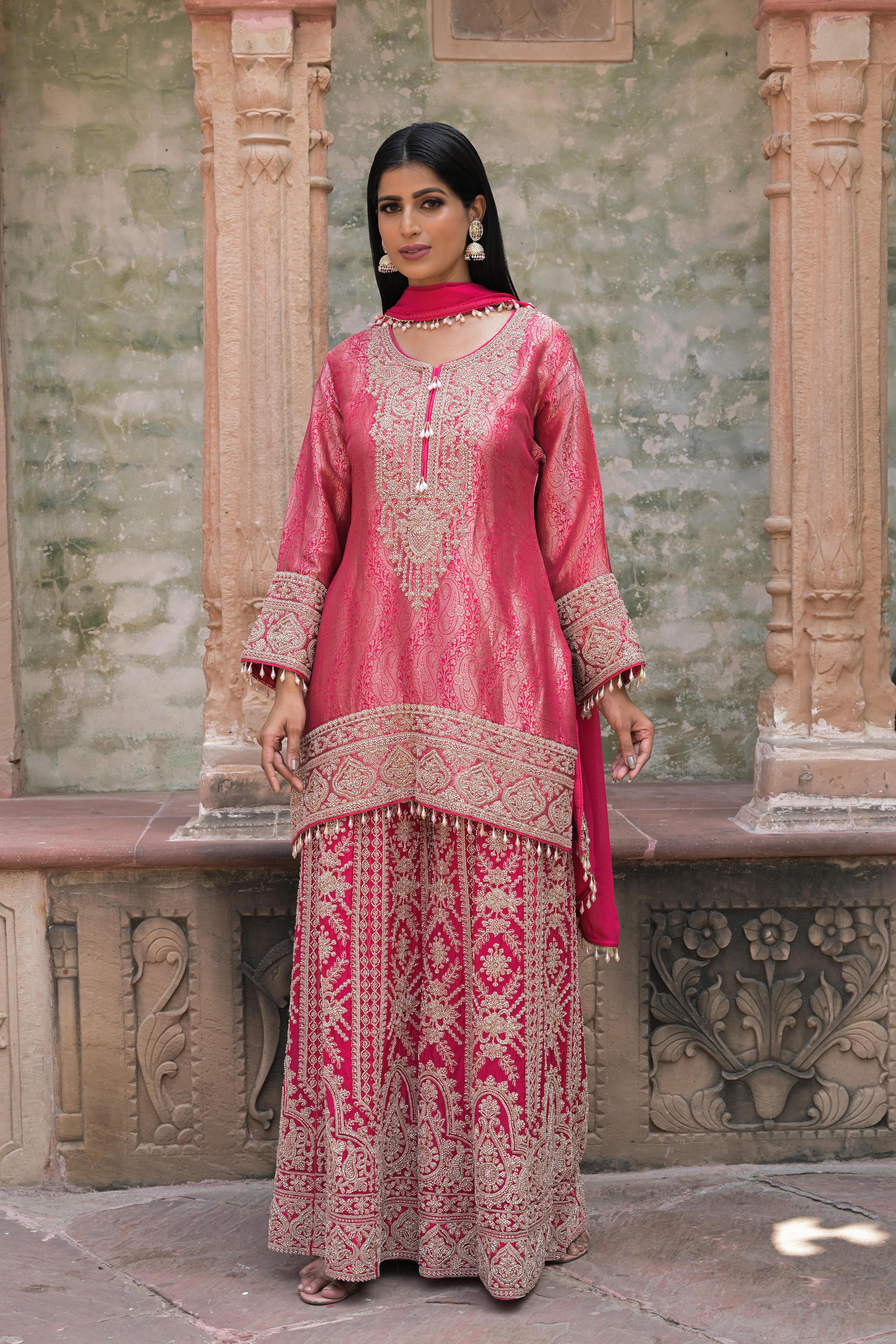 Watermelon Pink Embellished Banarasi Silk Palazzo Set