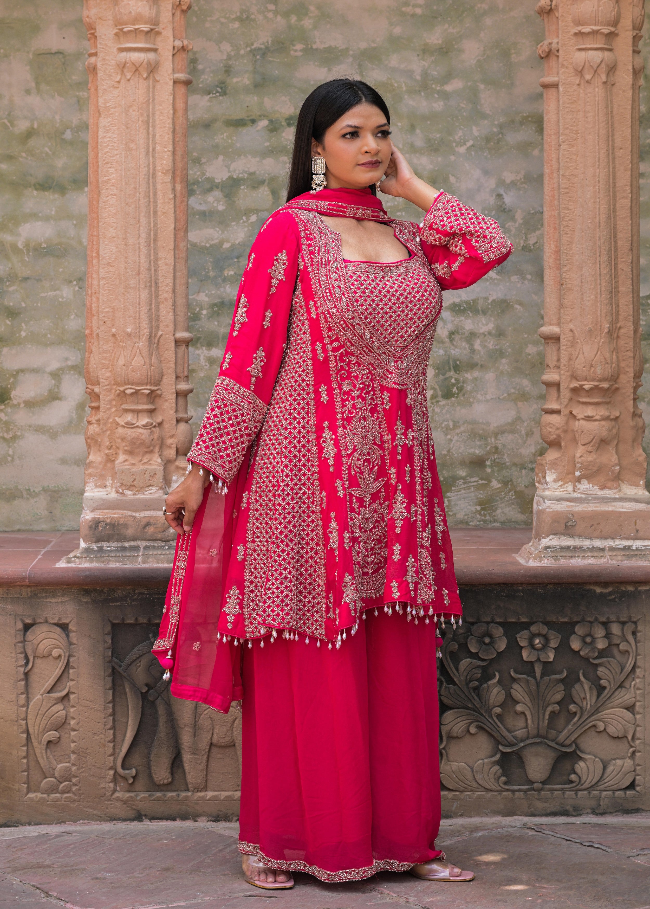 Vibrant Pink Embellished Georgette Silk Palazzo Set