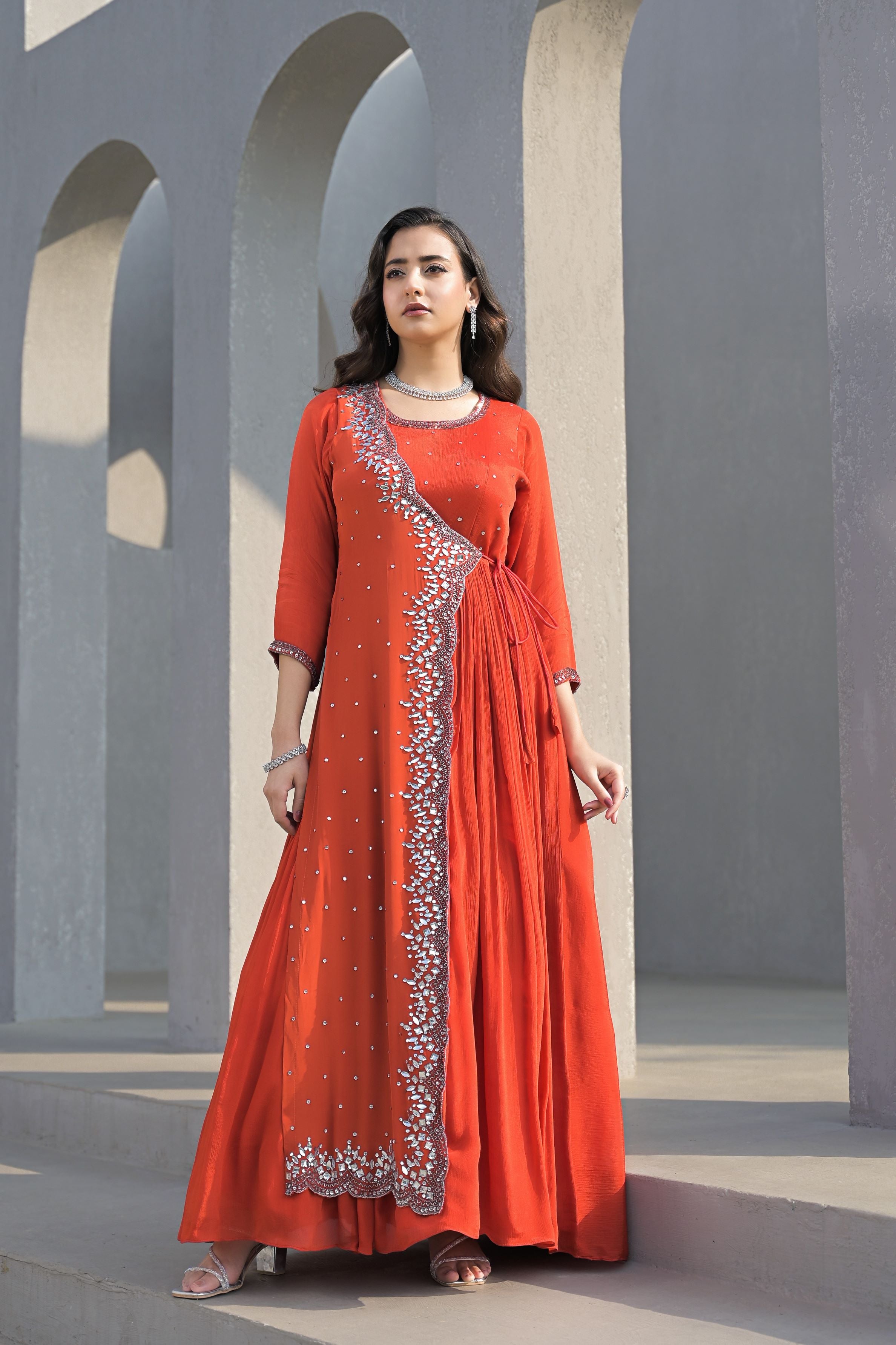 Orange Embellished Chinon Silk Gown