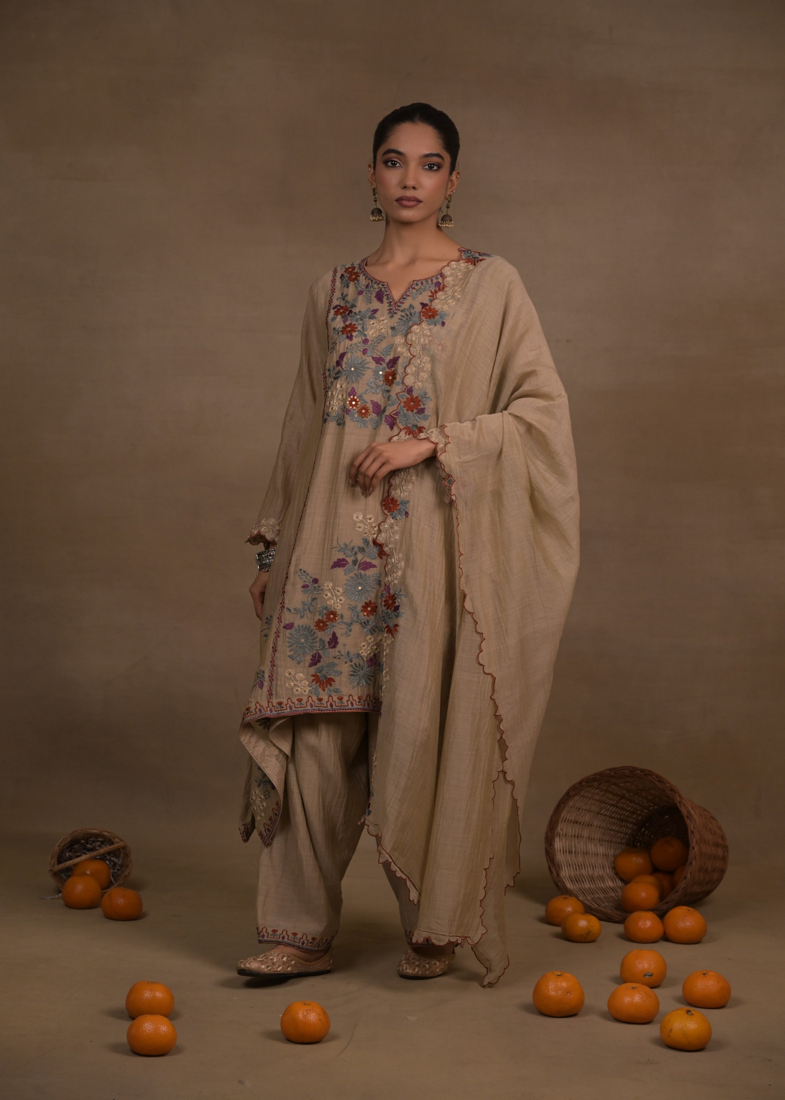 Sandstone Meadow Embroidered Mul Silk Pant Set