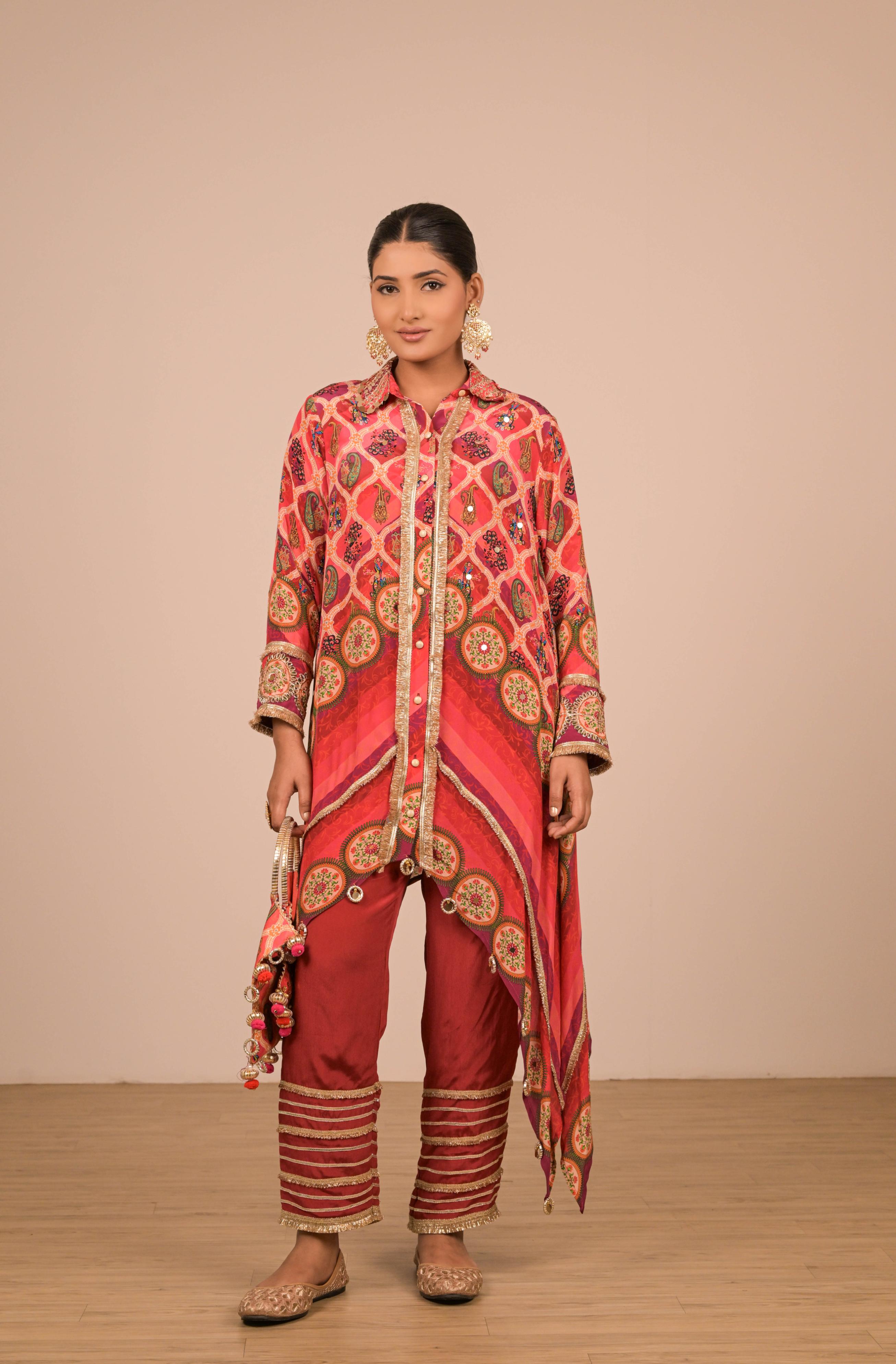 Red-Pink Asymmetrical Printed Kurta Set