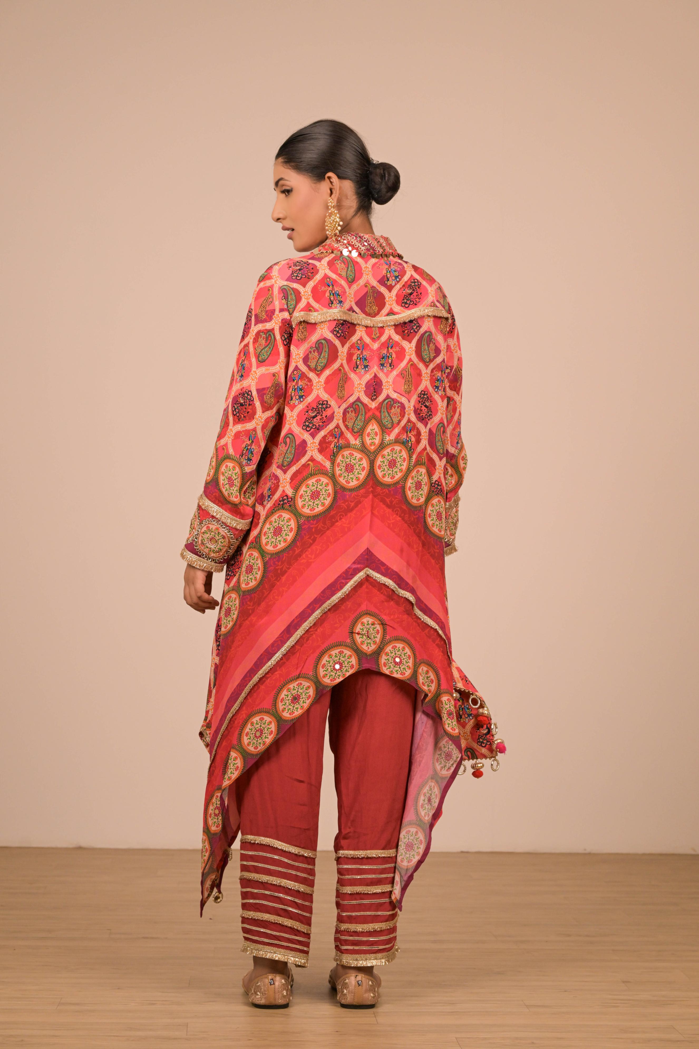 Red-Pink Asymmetrical Printed Kurta Set