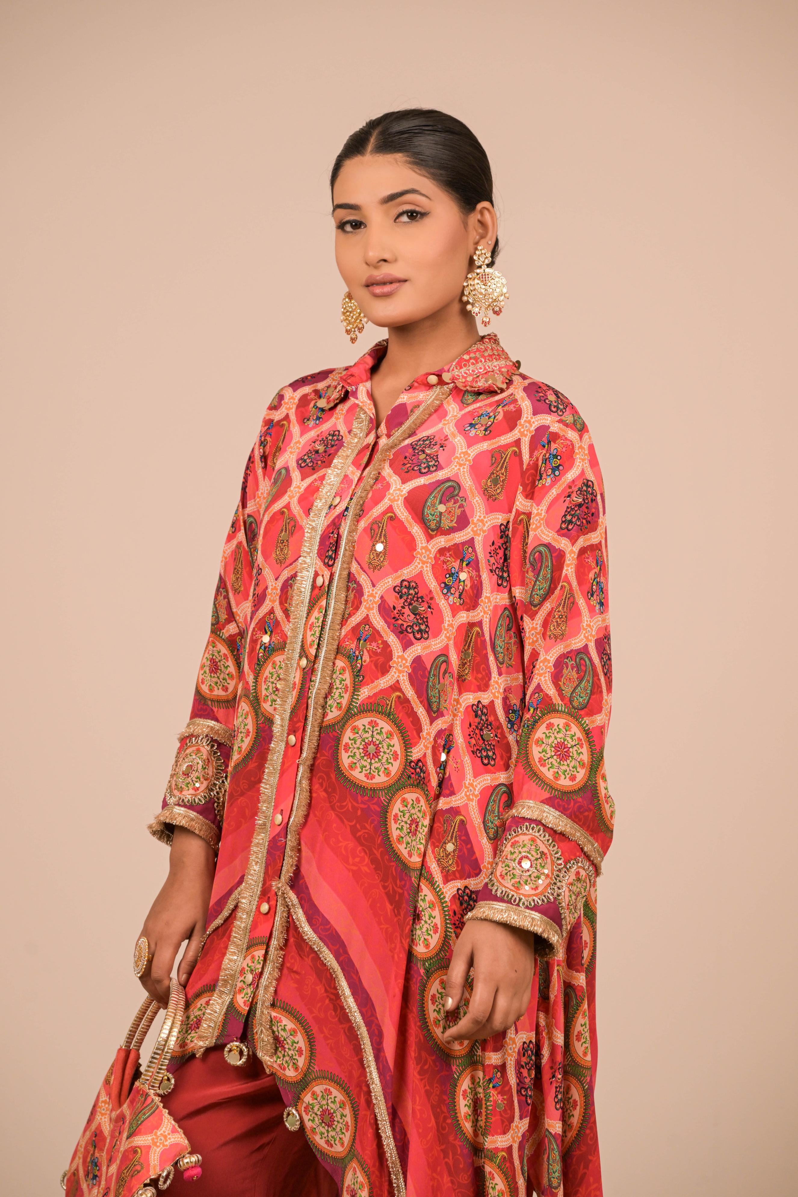 Red-Pink Asymmetrical Printed Kurta Set