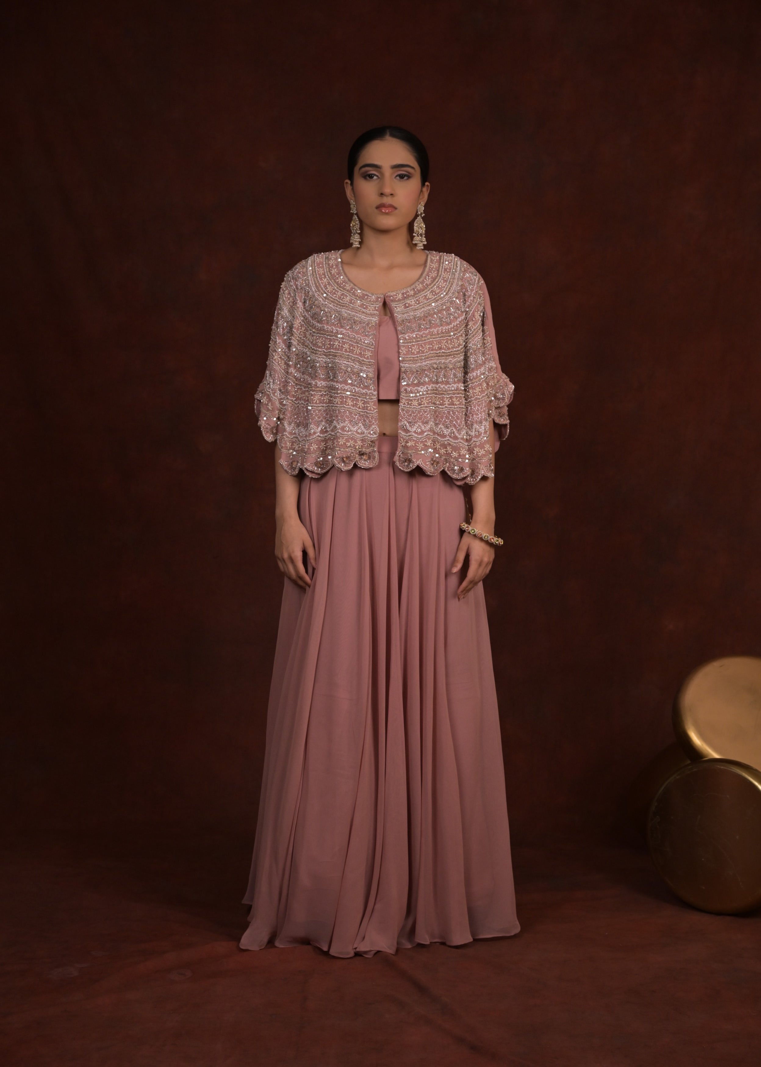 Dusty Rose Embellished Georgette Silk Palazzo Set