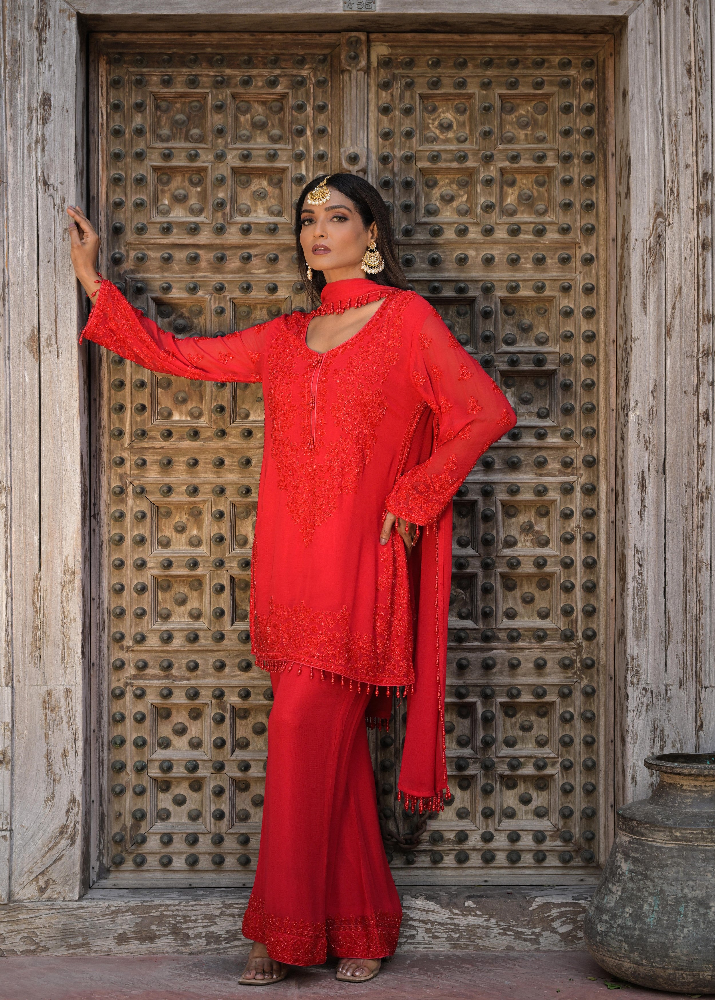 Scarlet Red Embellished Georgette Silk Pant Set