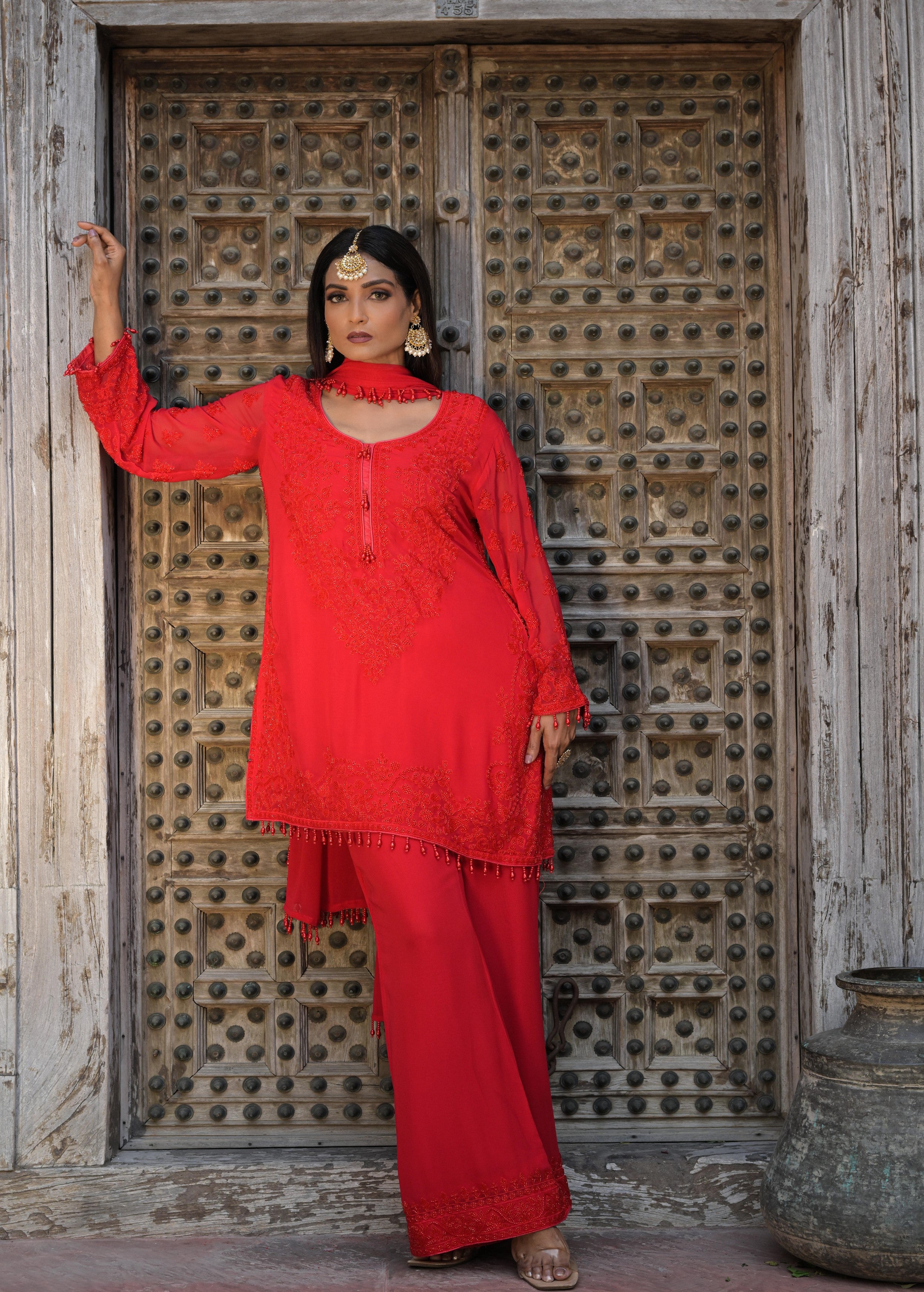 Scarlet Red Embellished Georgette Silk Pant Set