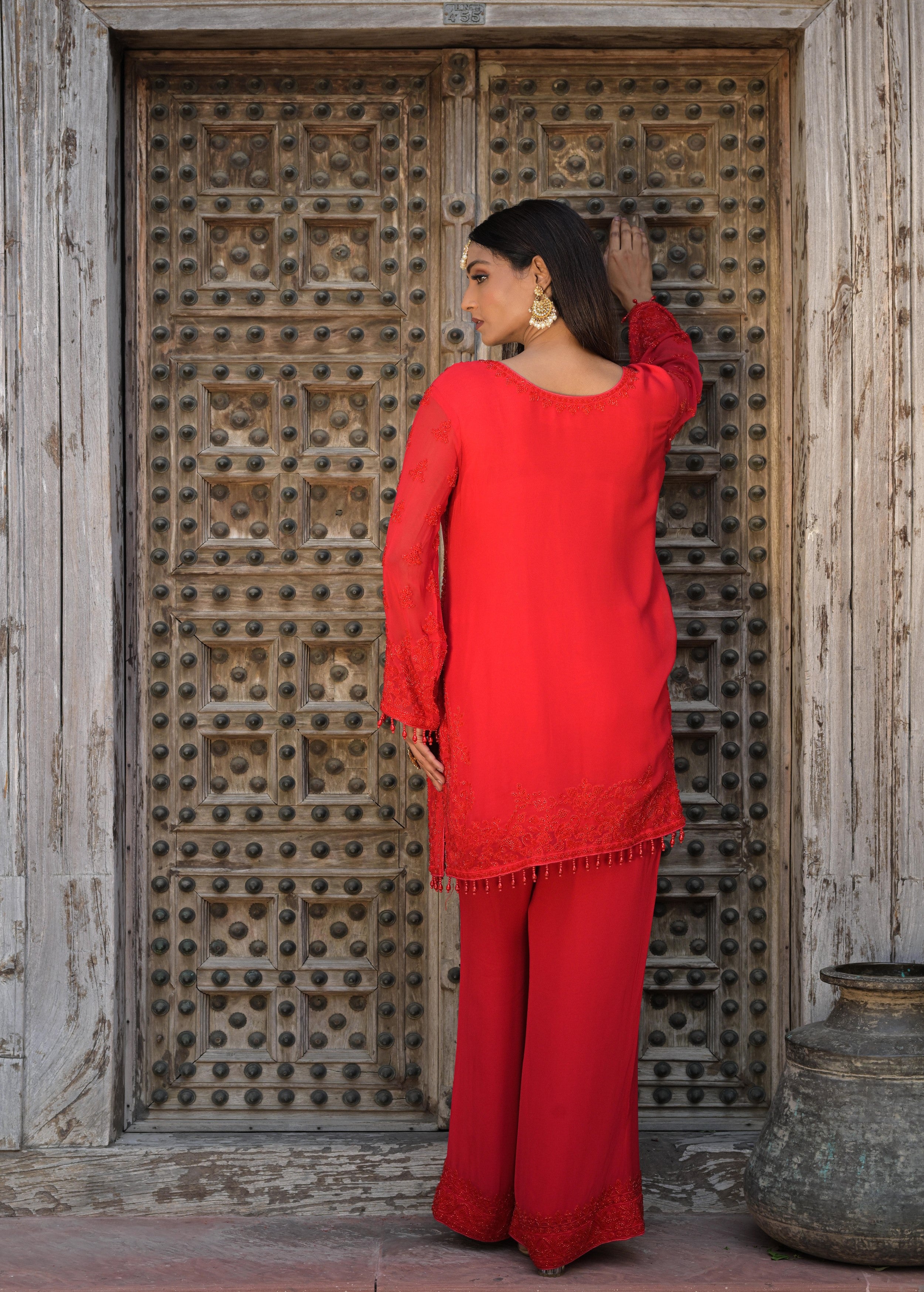 Scarlet Red Embellished Georgette Silk Pant Set