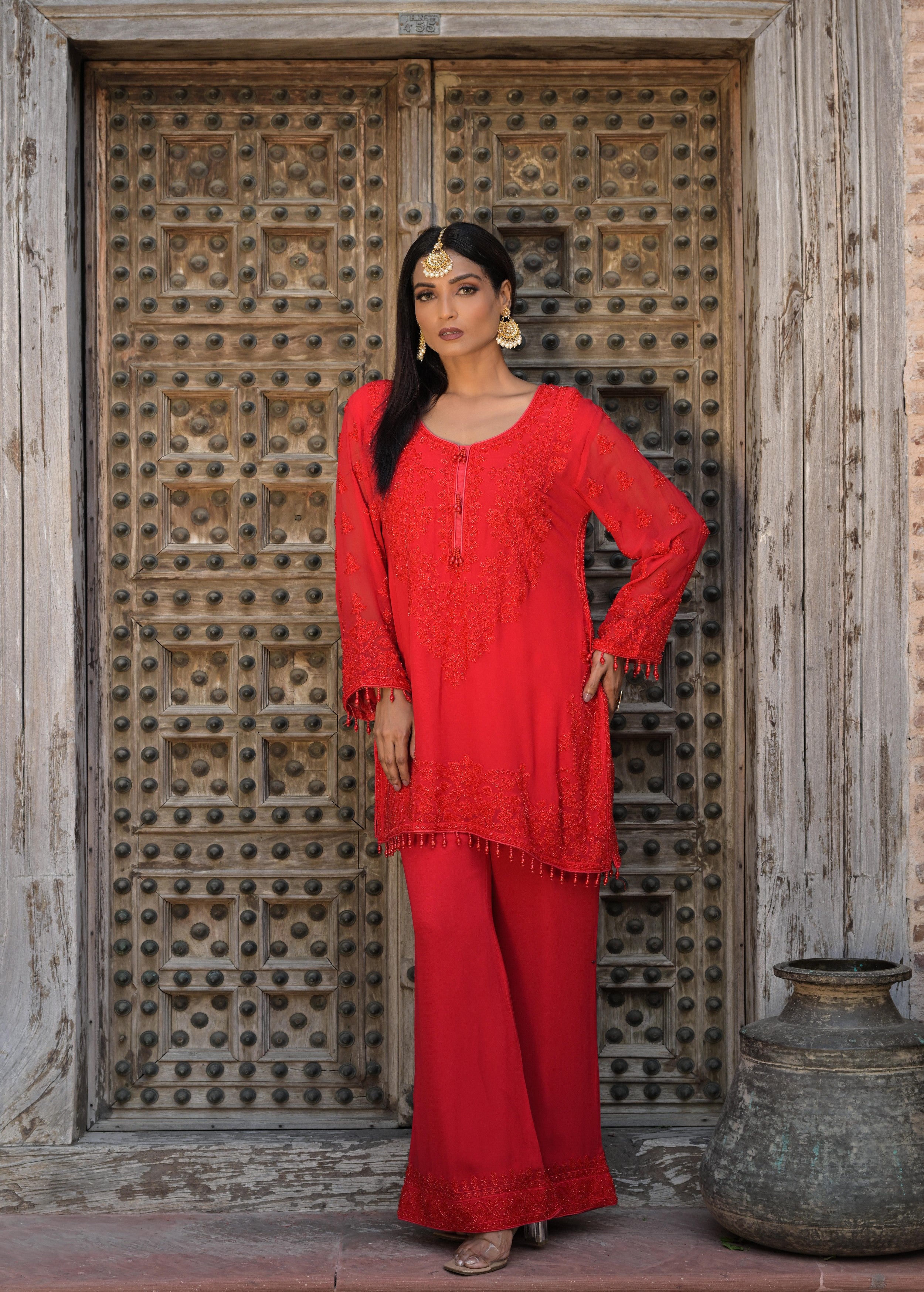 Scarlet Red Embellished Georgette Silk Pant Set