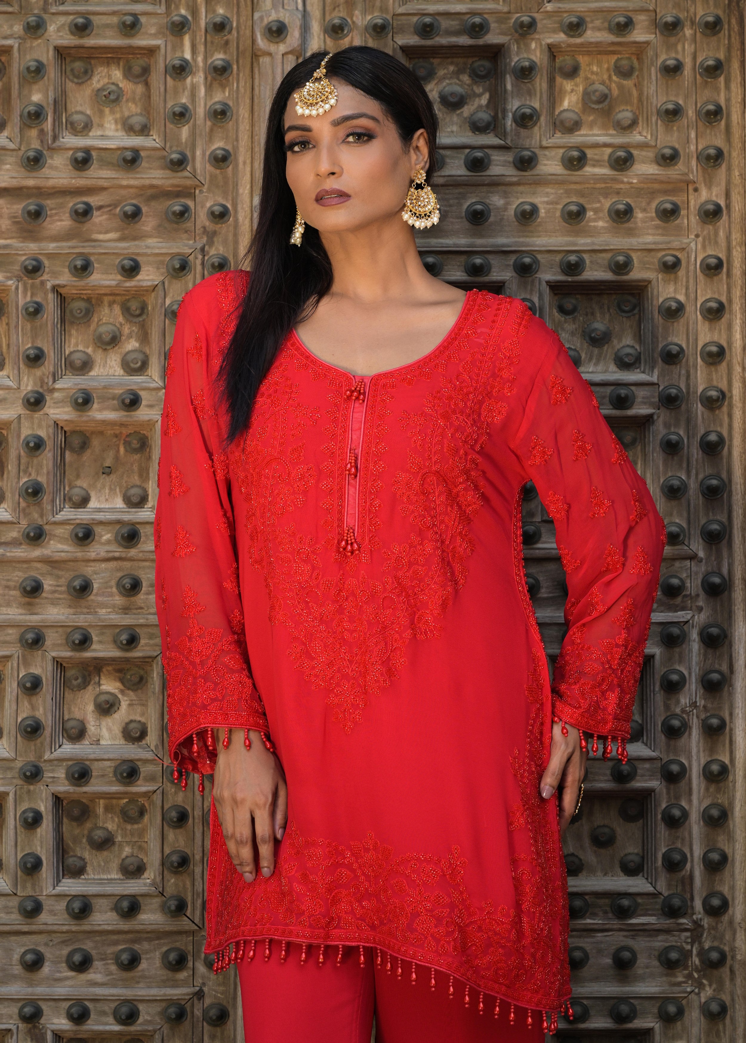 Scarlet Red Embellished Georgette Silk Pant Set