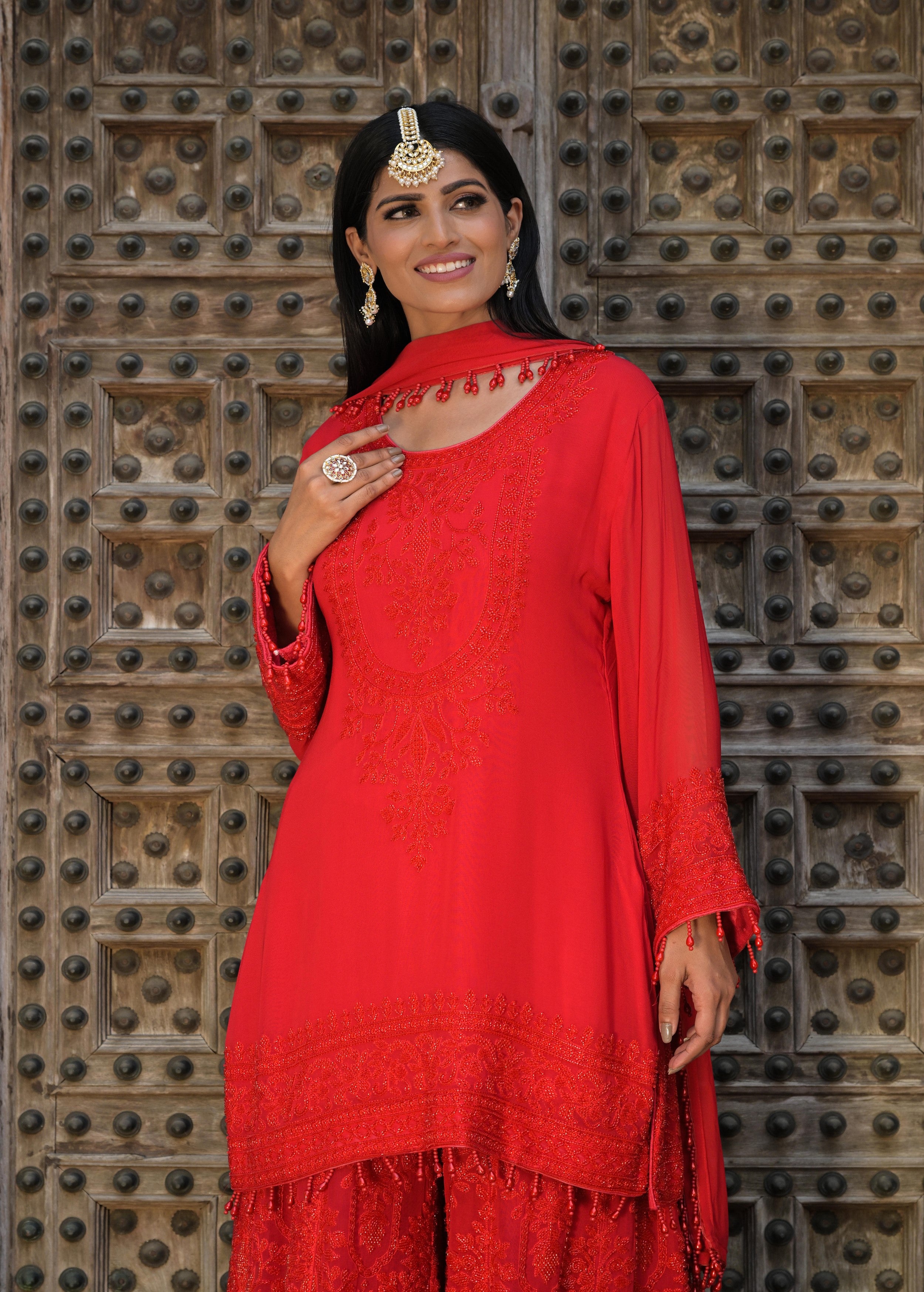 Scarlet Red Embellished Georgette Silk Palazzo Set
