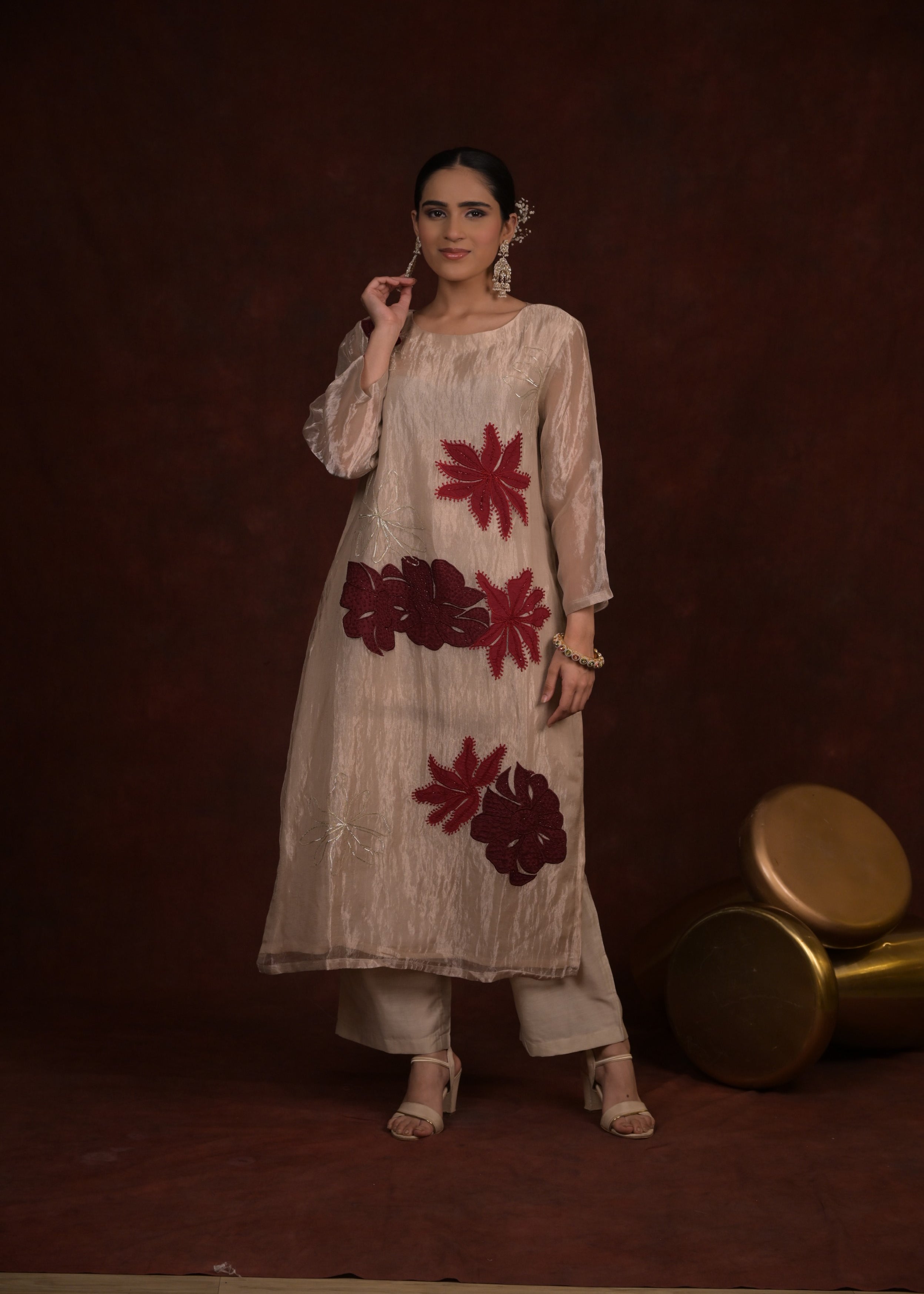 Off-White Flora Embellished Tissue Silk Pant Set