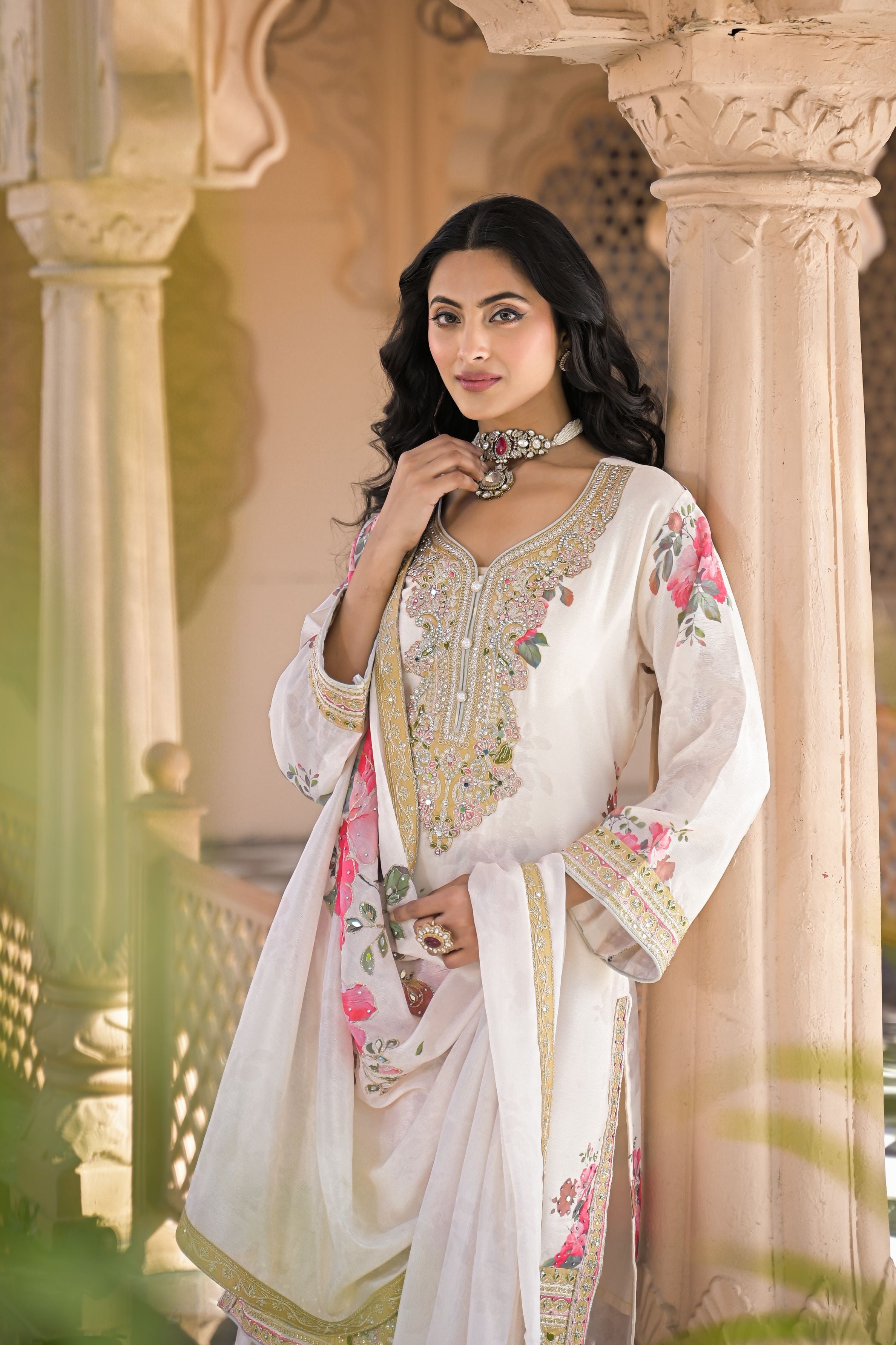 Champagne Gold Floral Printed Sharara Set