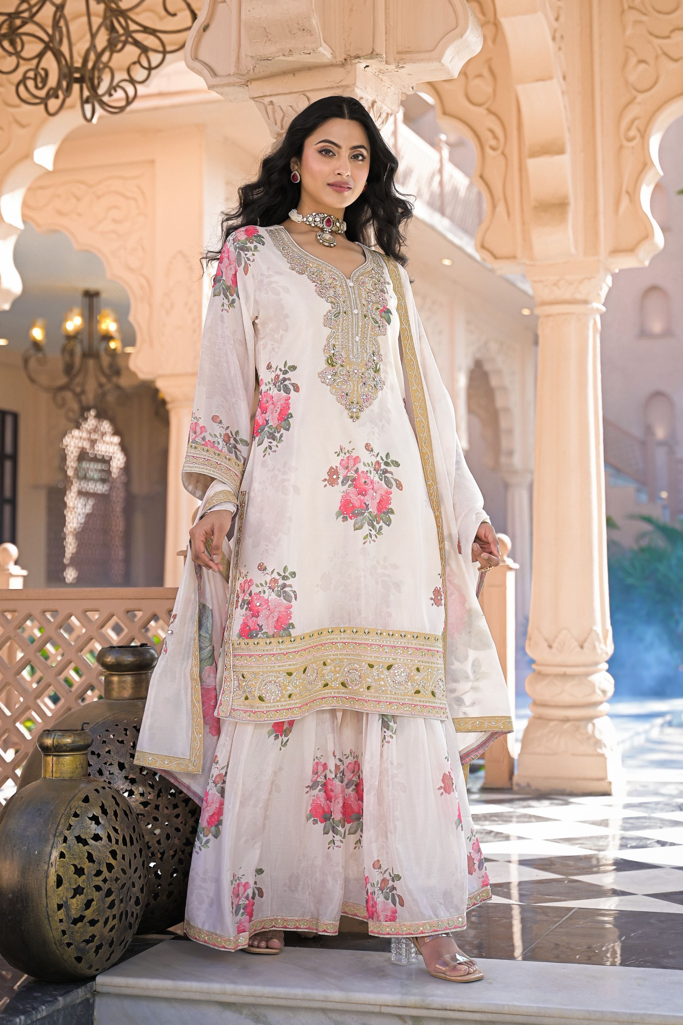 Champagne Gold Floral Printed Sharara Set