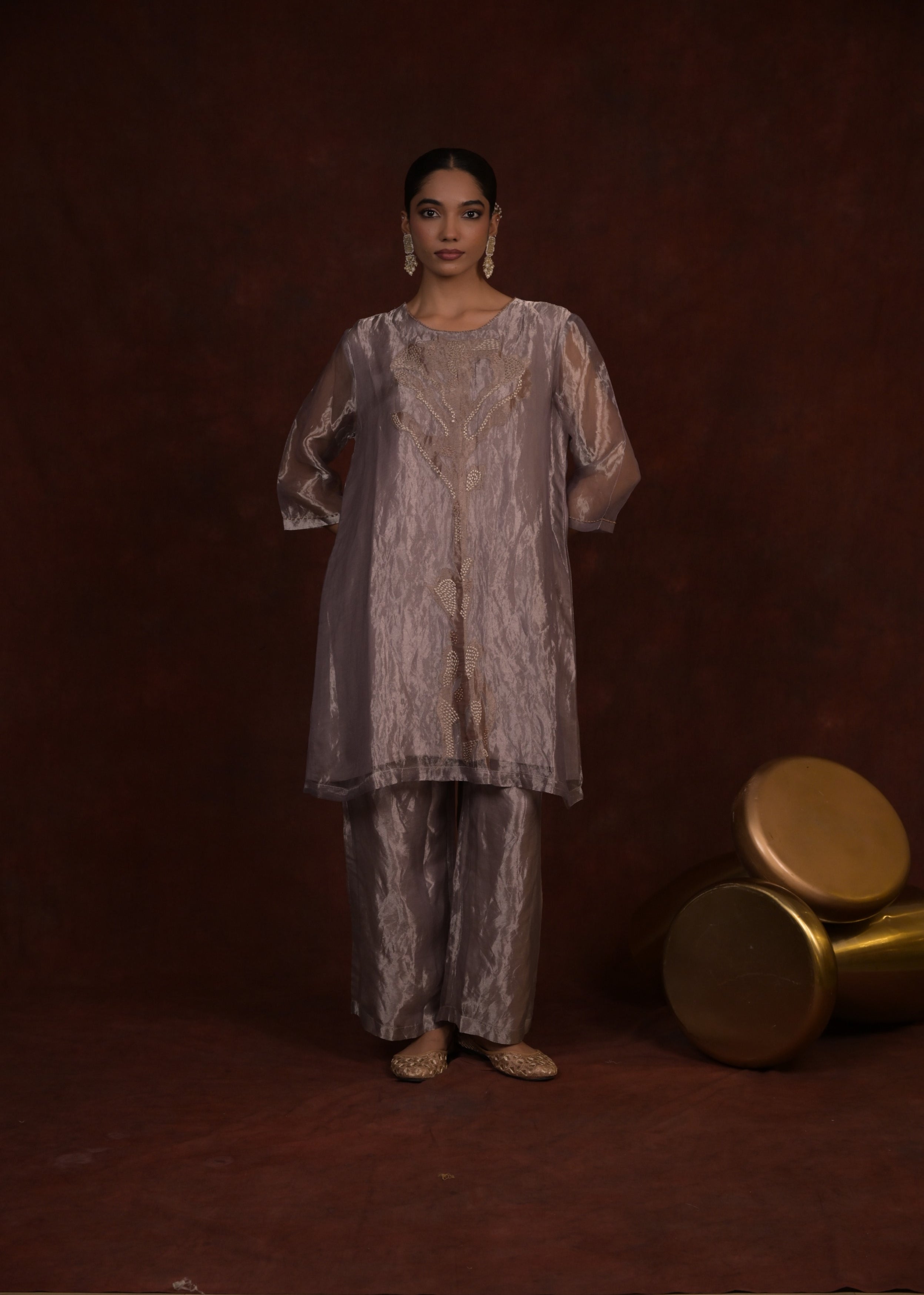 Mauve Vine Embellished Tissue Silk Kurta Set