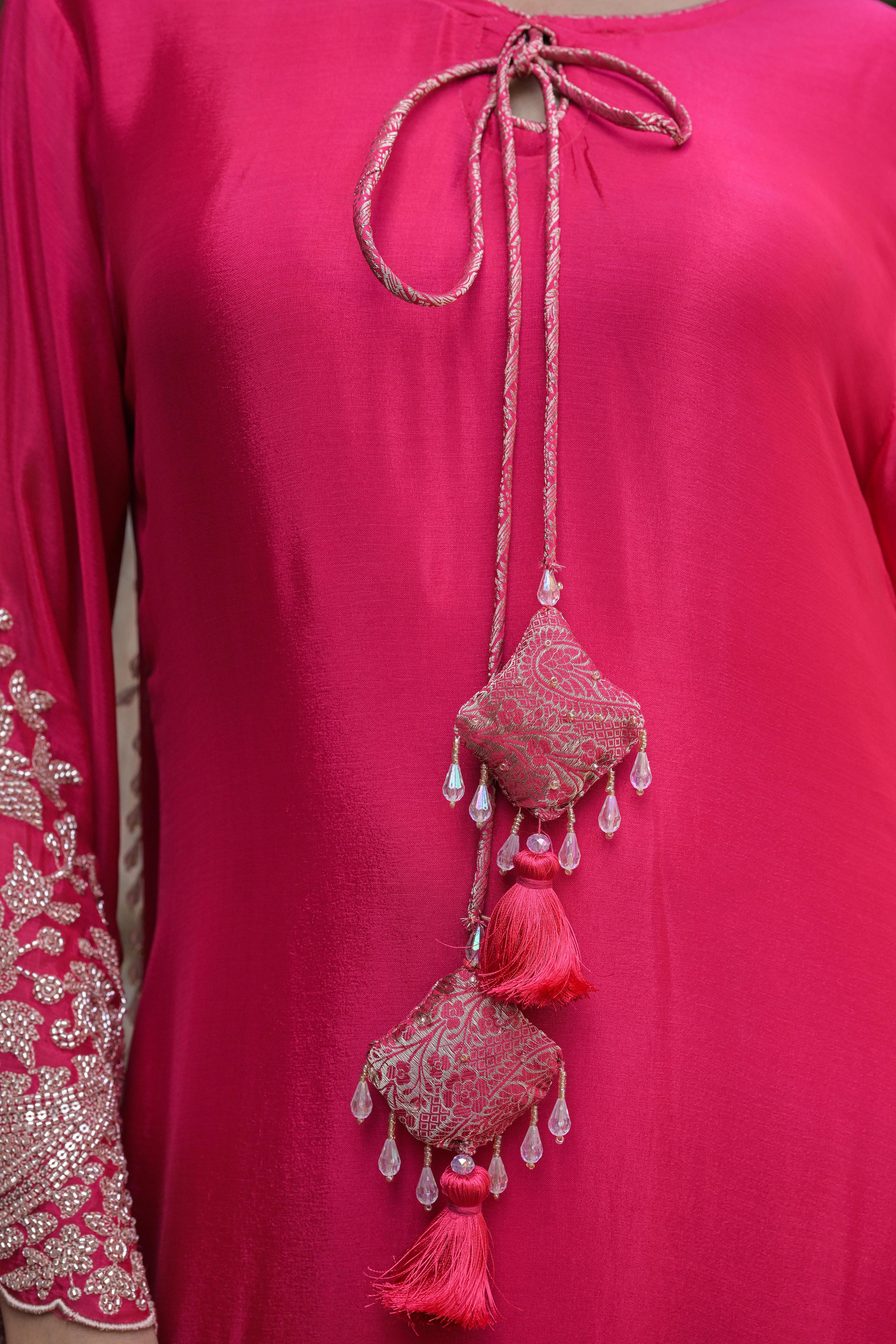 Royal Pink Embellished Chinon Silk Pant Set