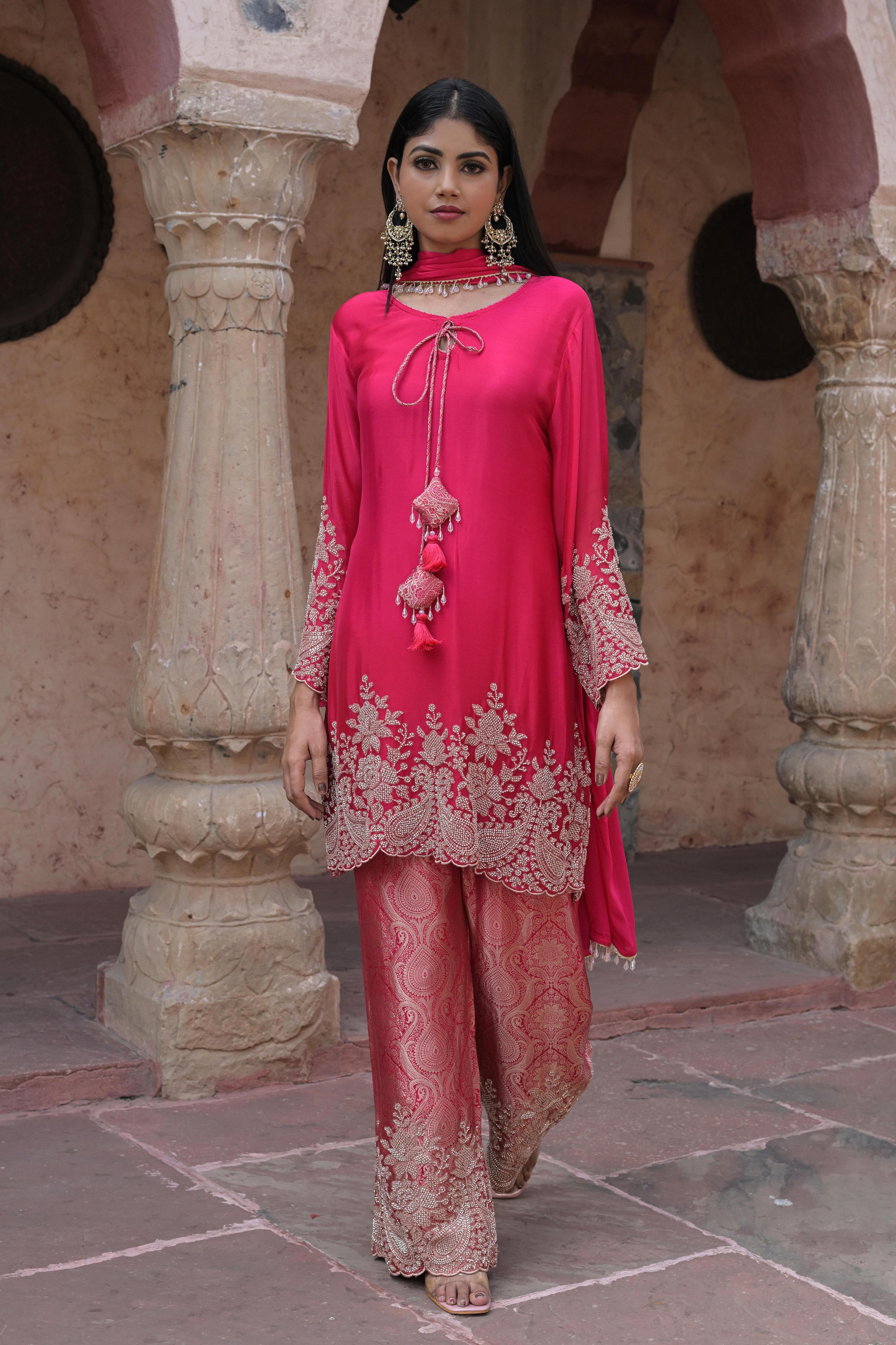 Royal Pink Embellished Chinon Silk Pant Set