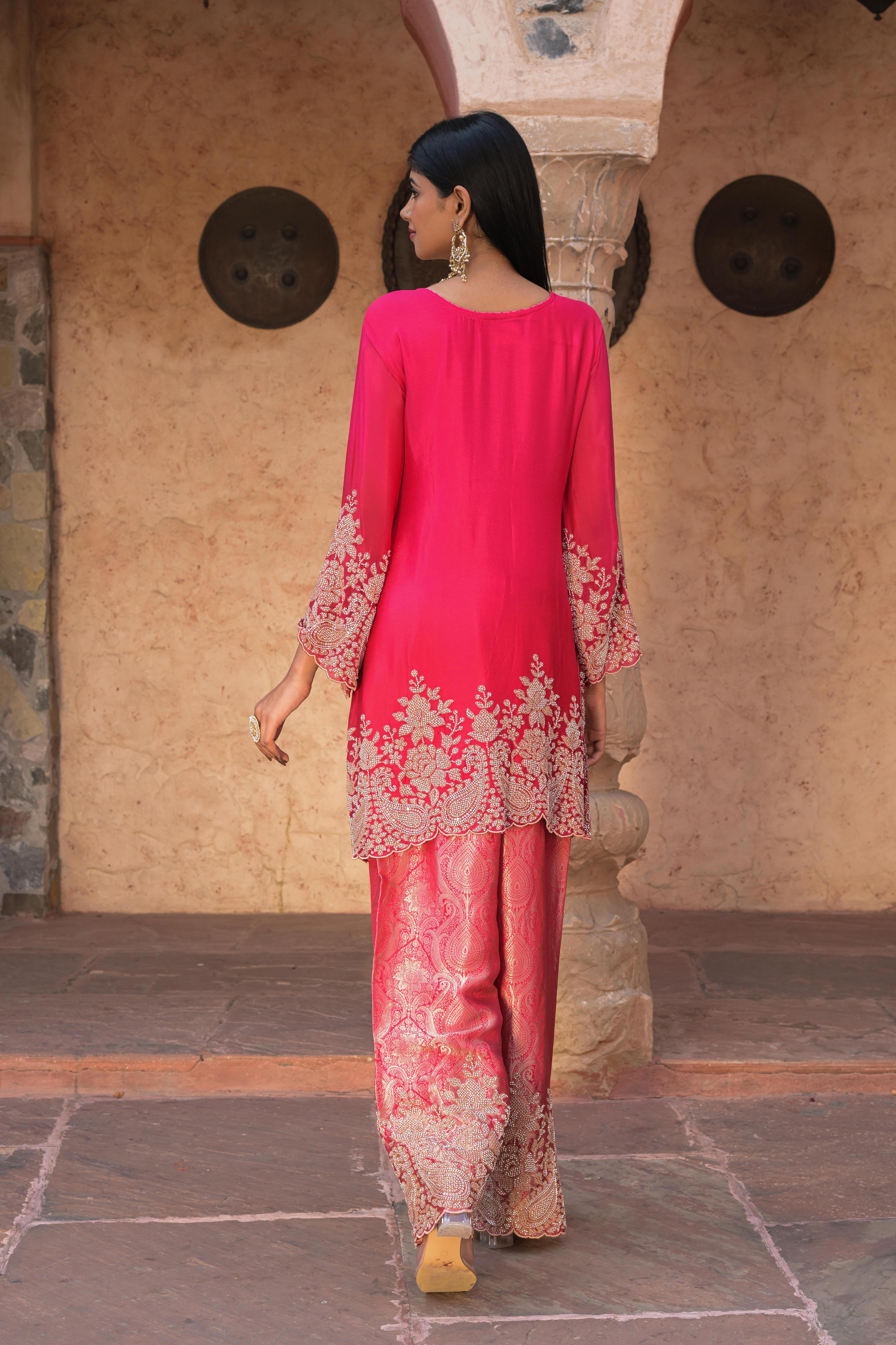 Royal Pink Embellished Chinon Silk Pant Set
