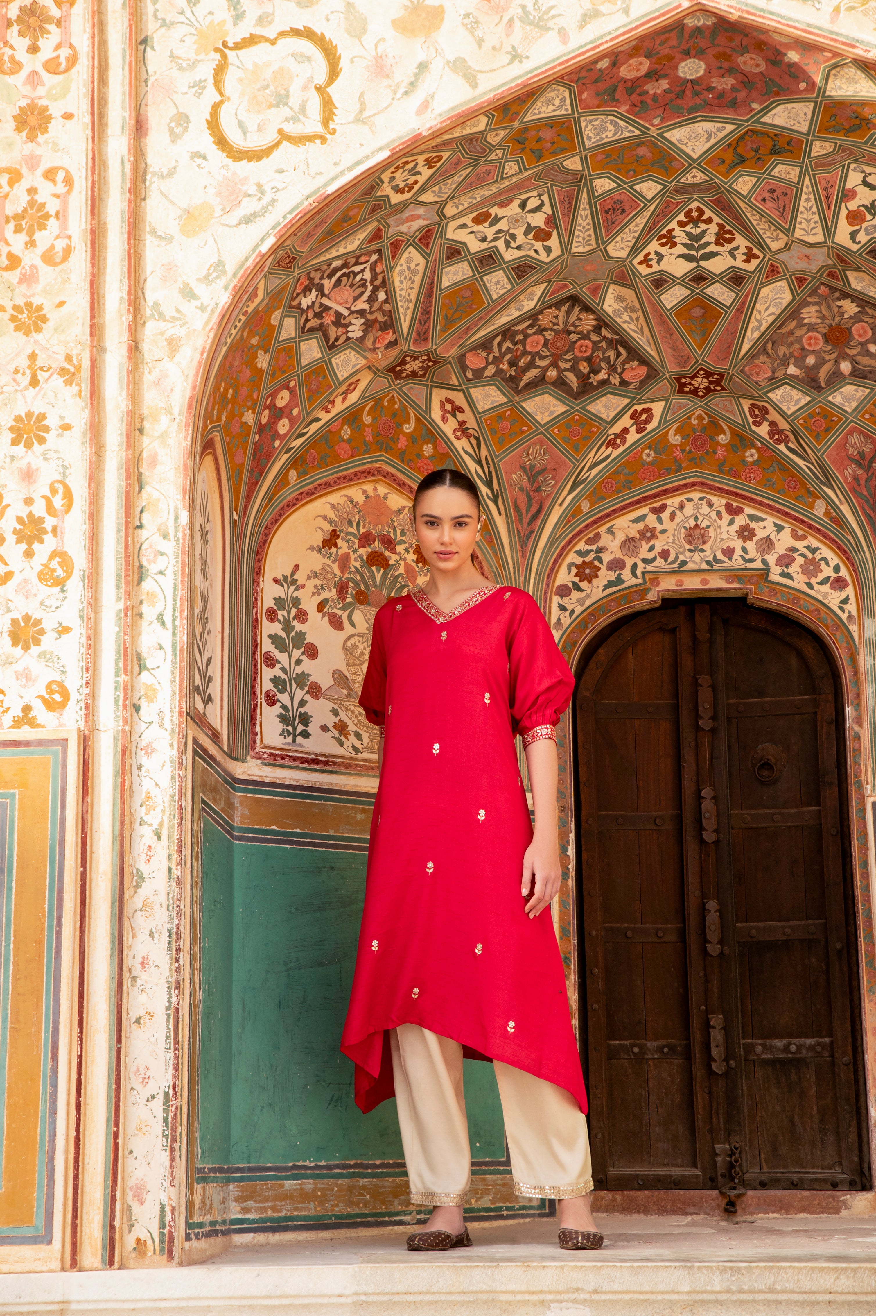 Cherry Red Embellished Dola Silk Kurta Set