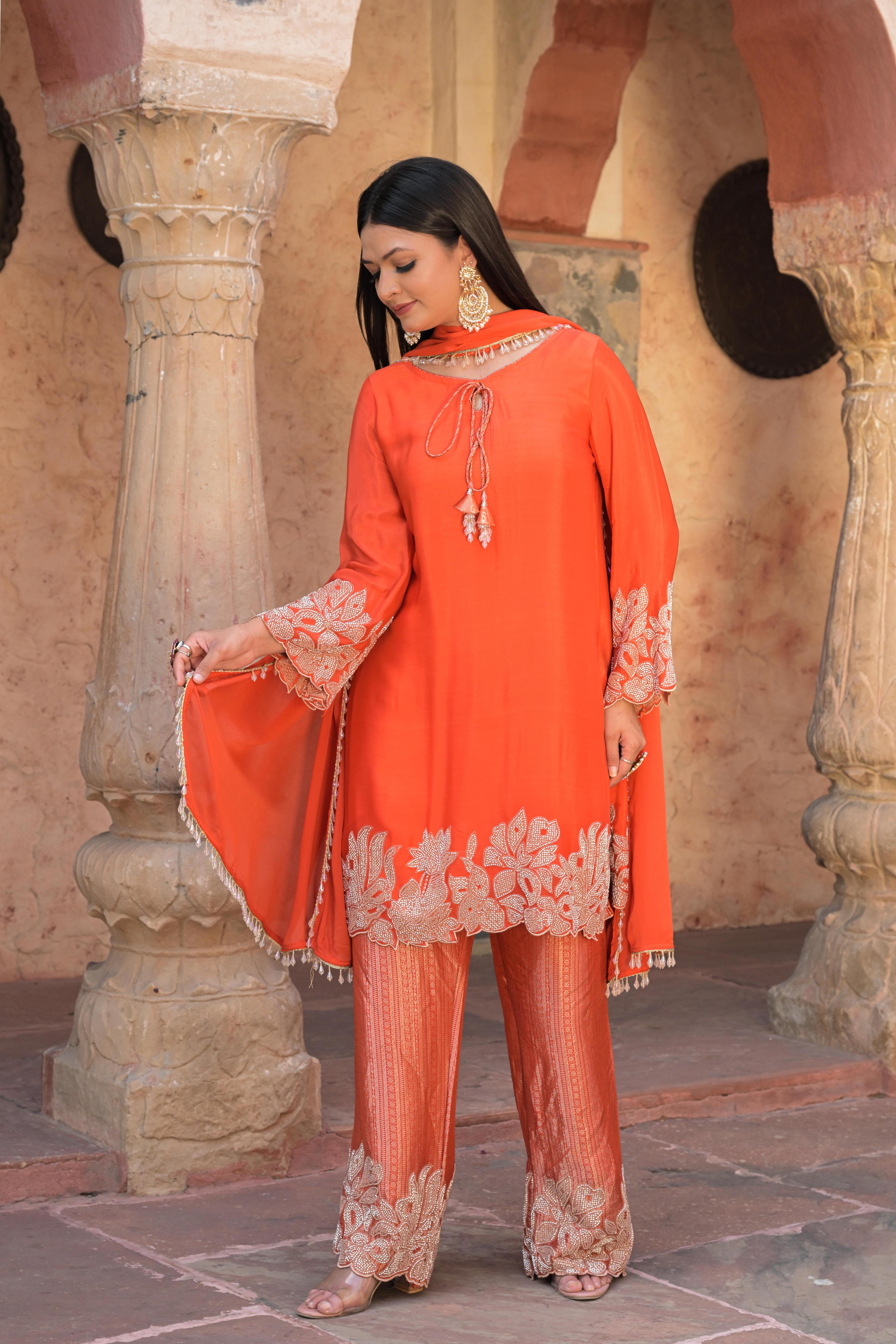 Bright Orange Embellished Chinon Silk Pant Set
