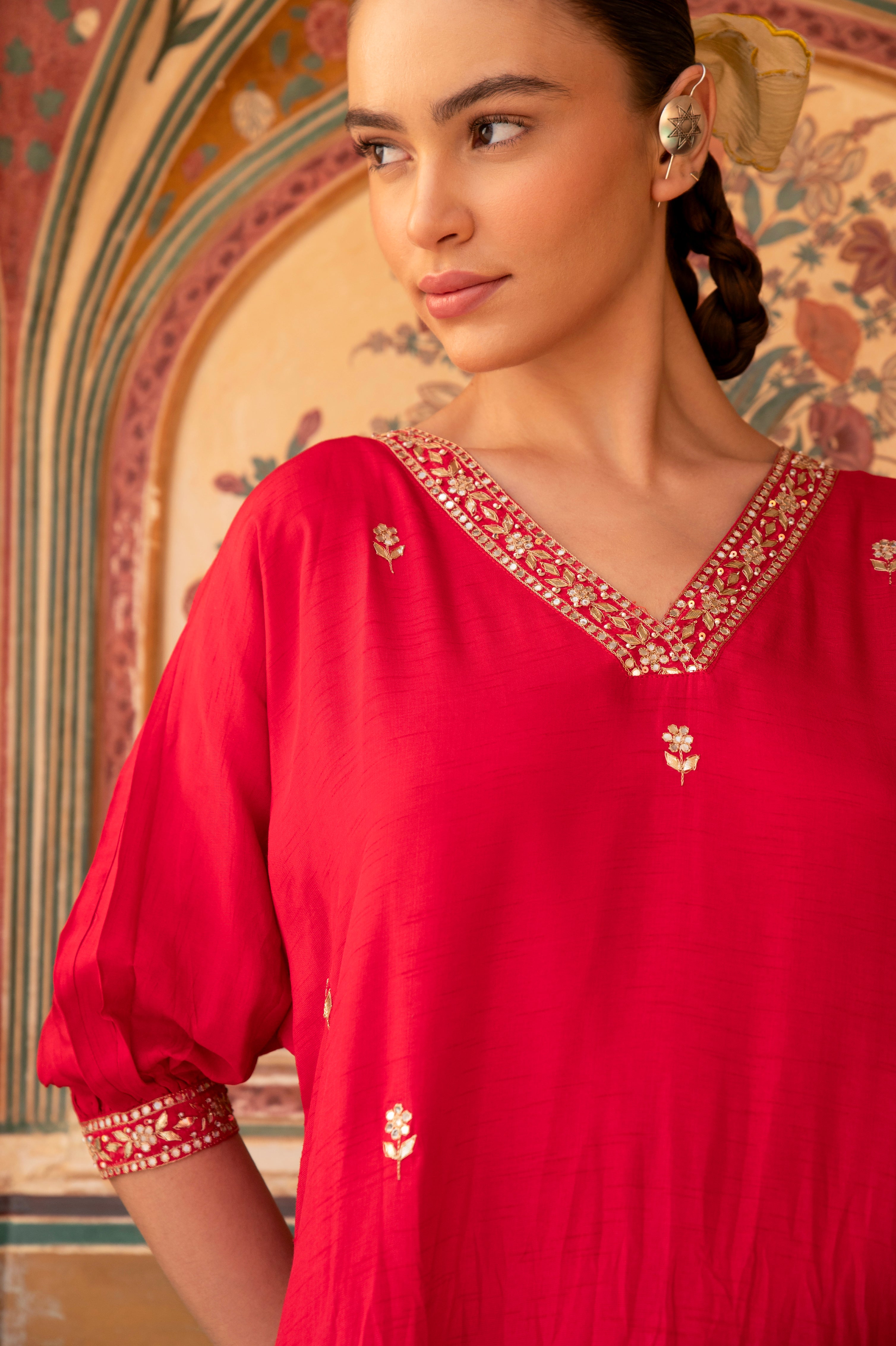 Cherry Red Embellished Dola Silk Kurta Set