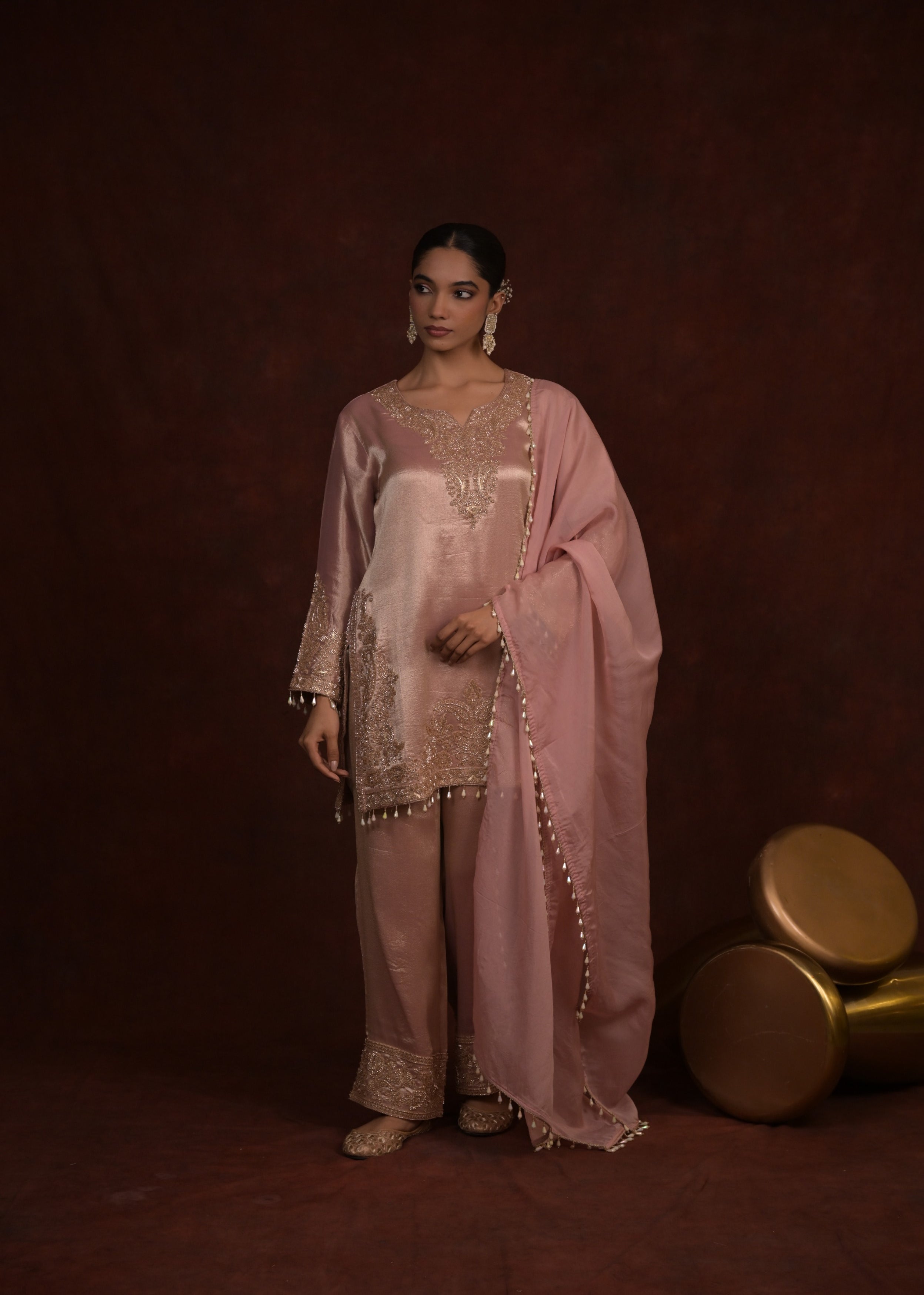 Rose Quartz Embellished Organza Tissue Silk Pant Set