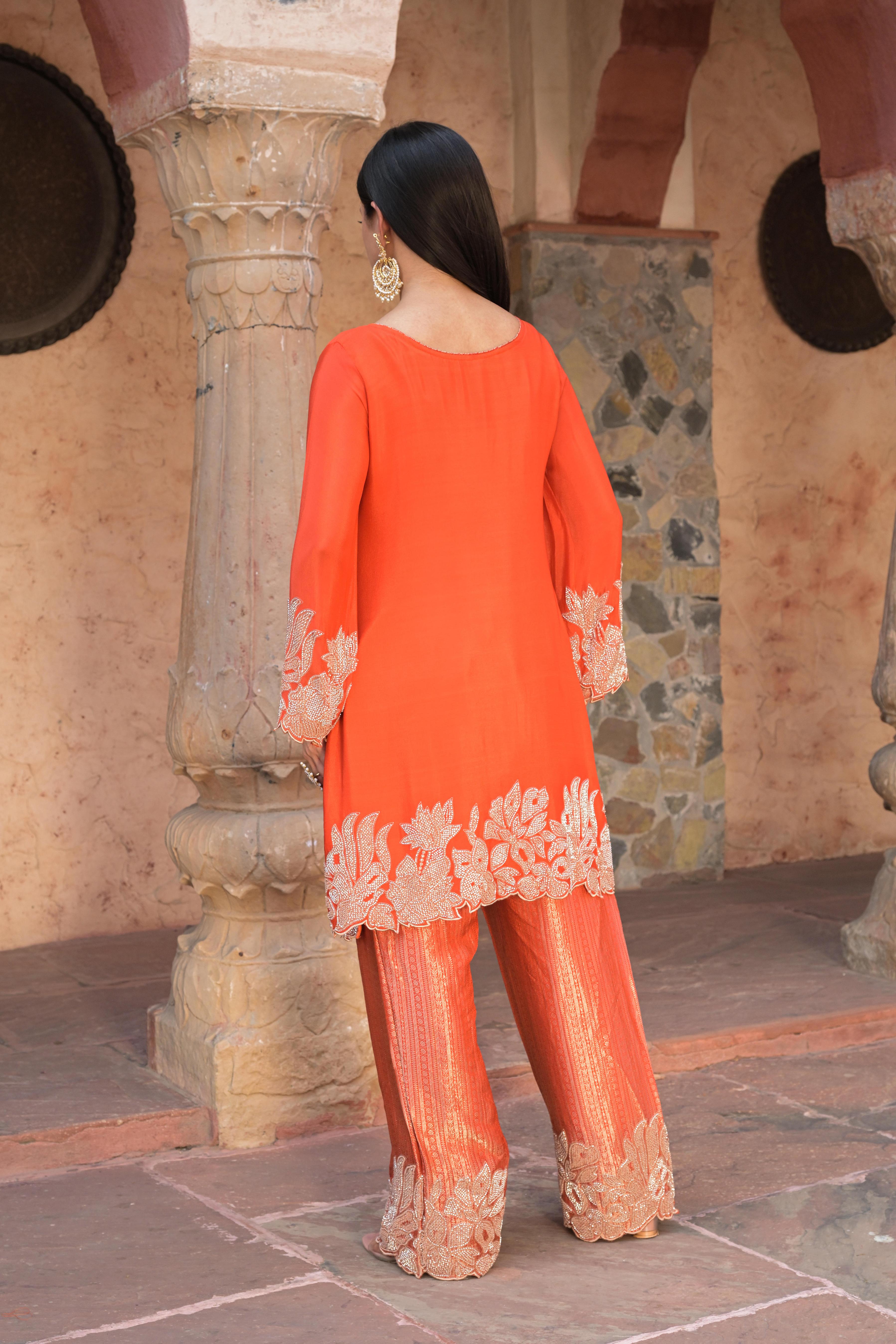 Bright Orange Embellished Chinon Silk Pant Set