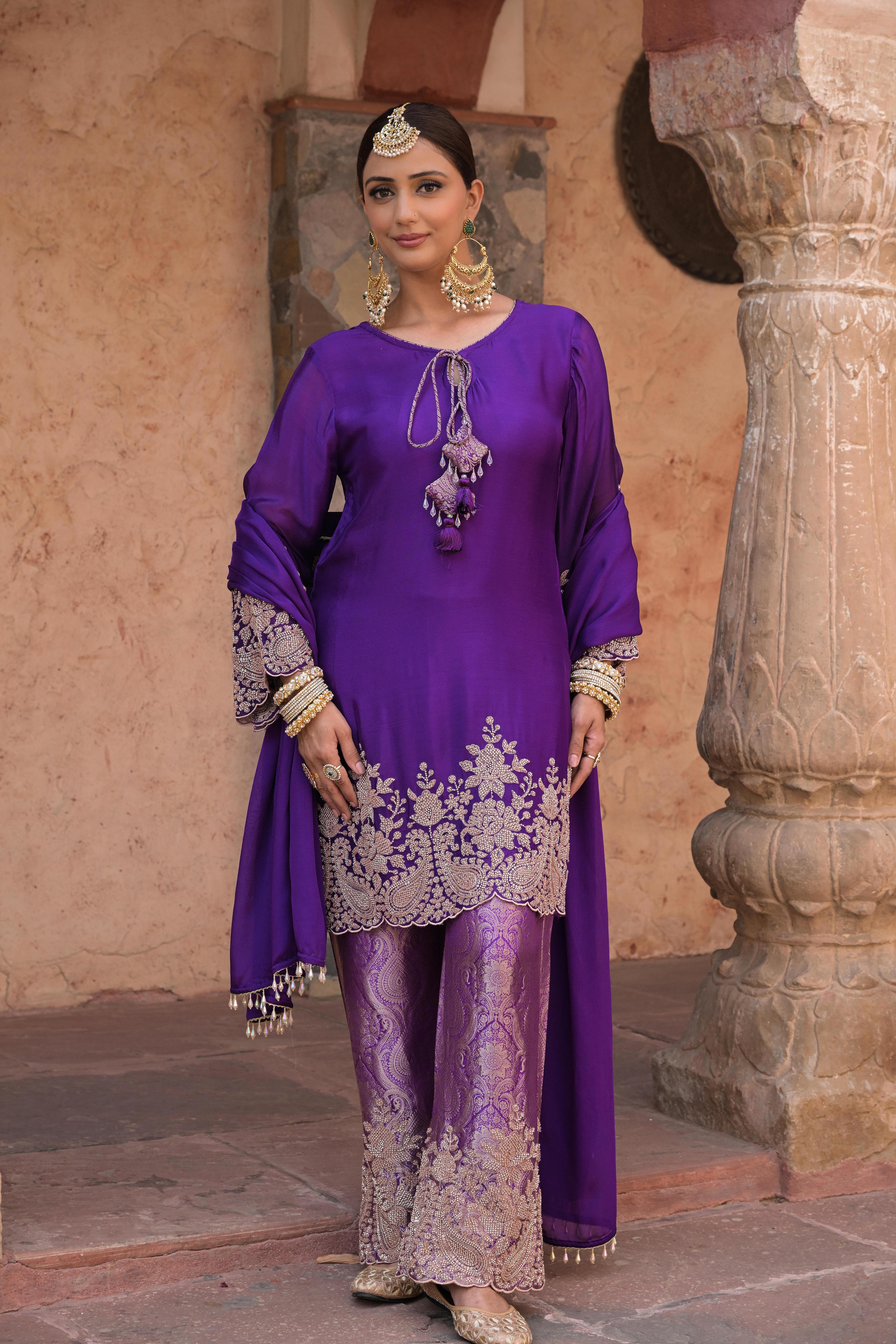 Royal Purple Embellished Chinon Silk Pant Set
