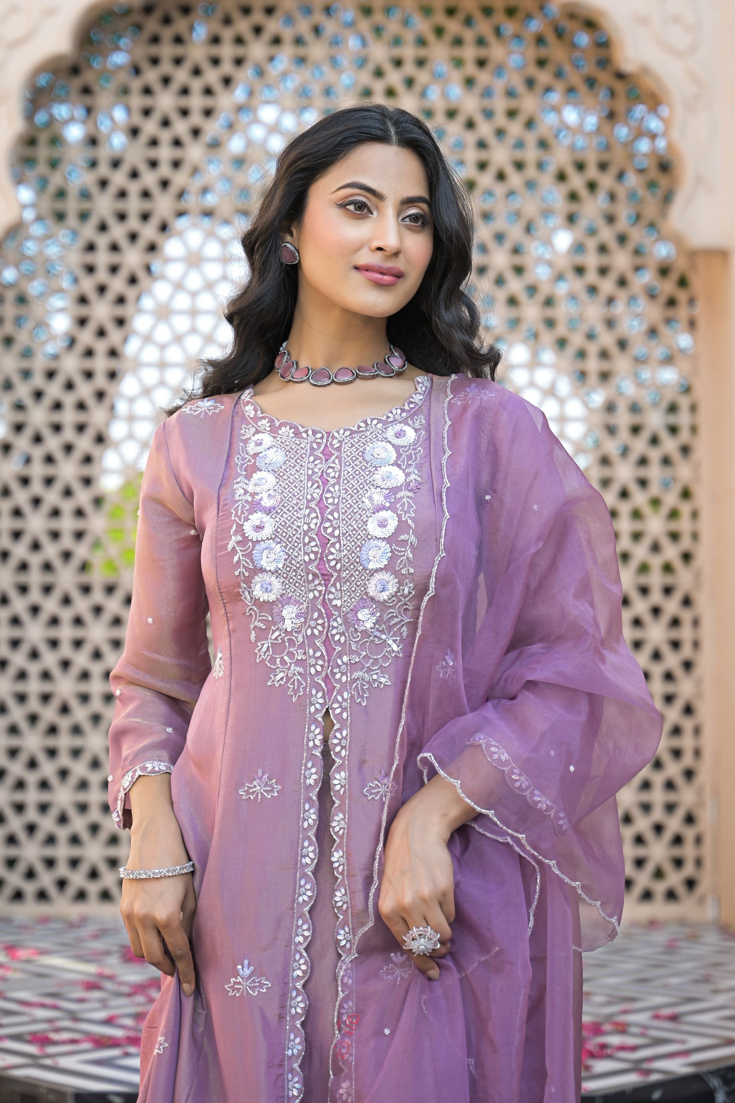 Shimmering Mauve Anarkali Set