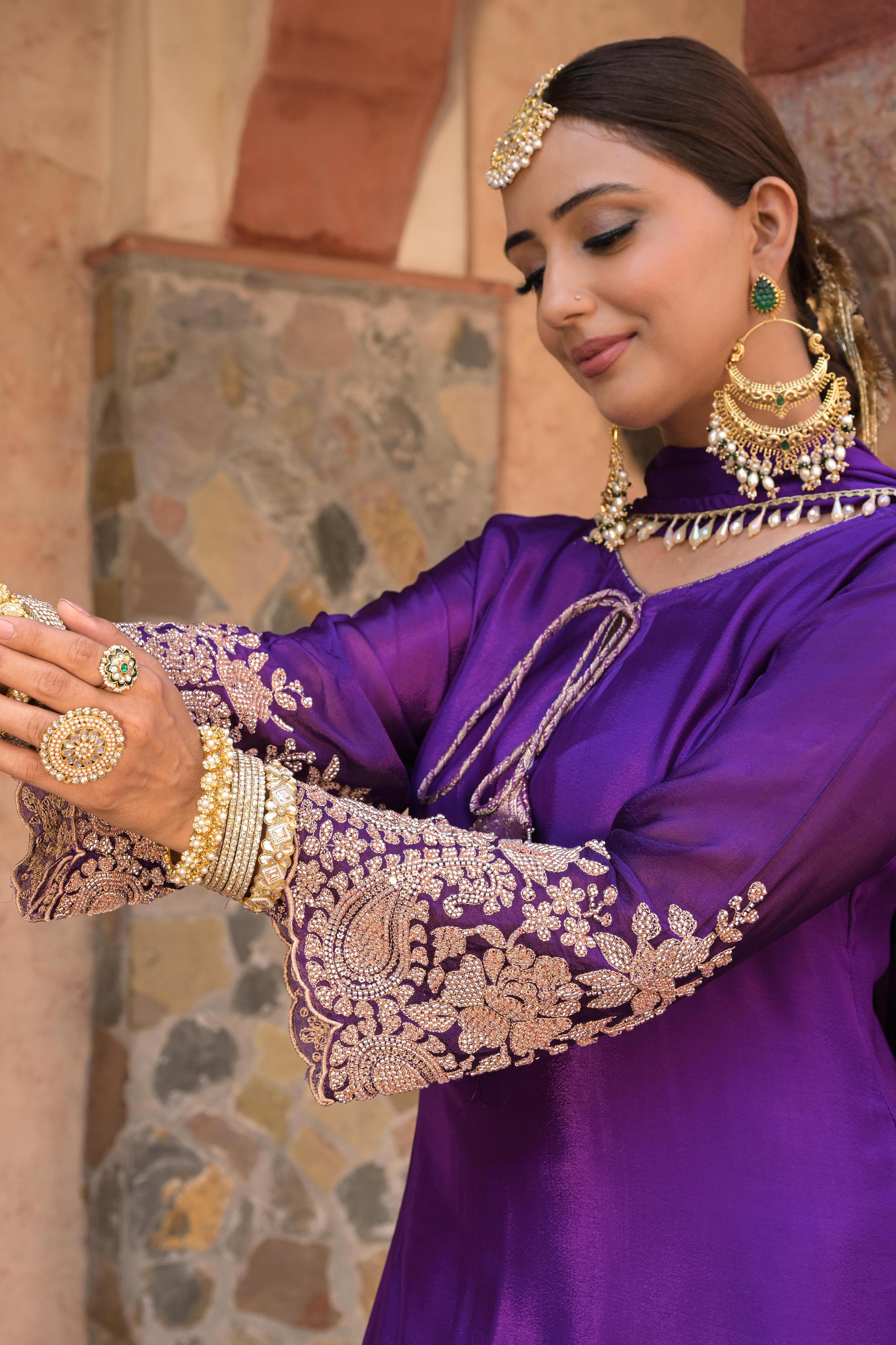 Royal Purple Embellished Chinon Silk Pant Set