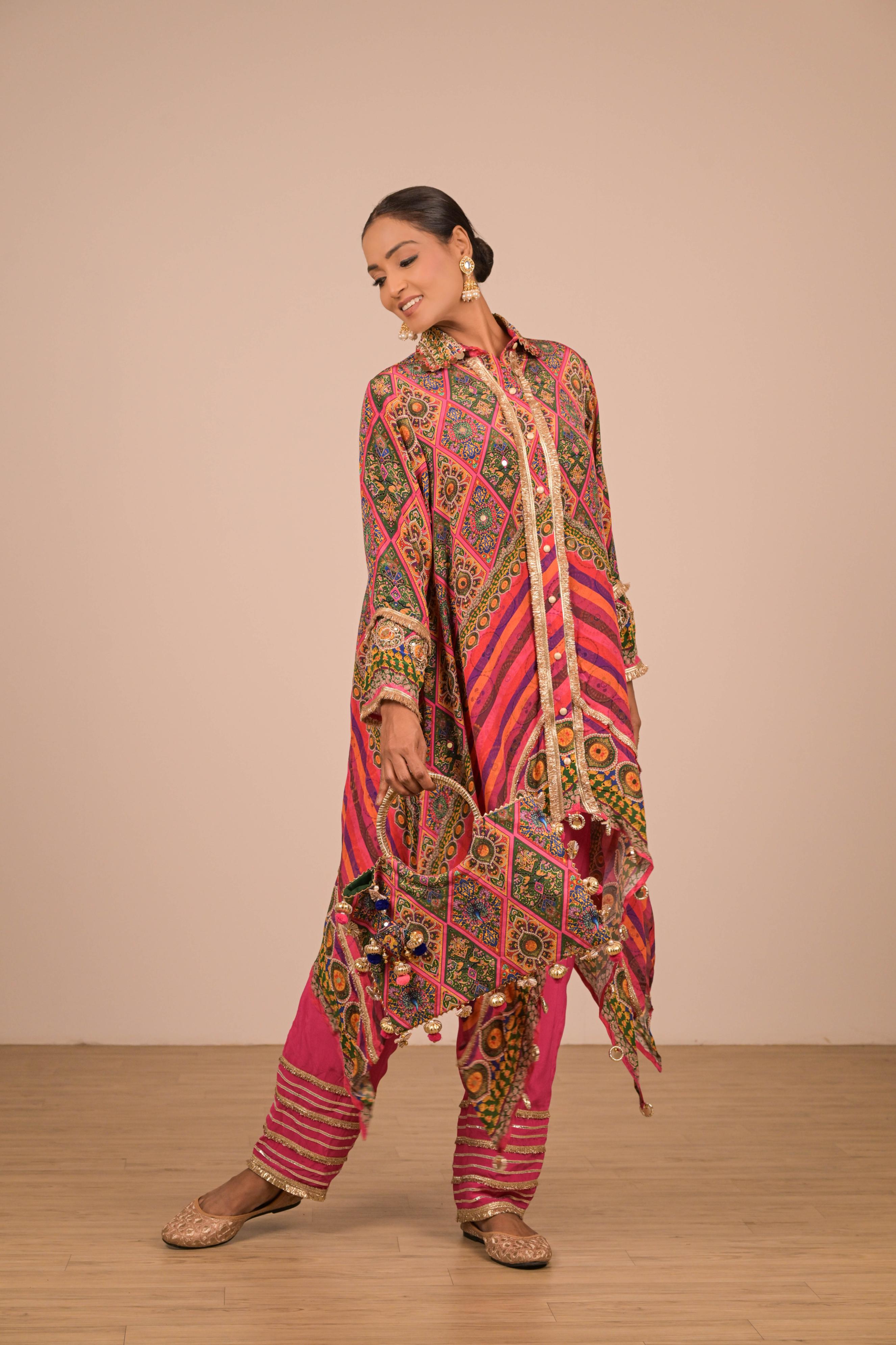 Asymmetrical Printed Kurta Set in Jewel Tones