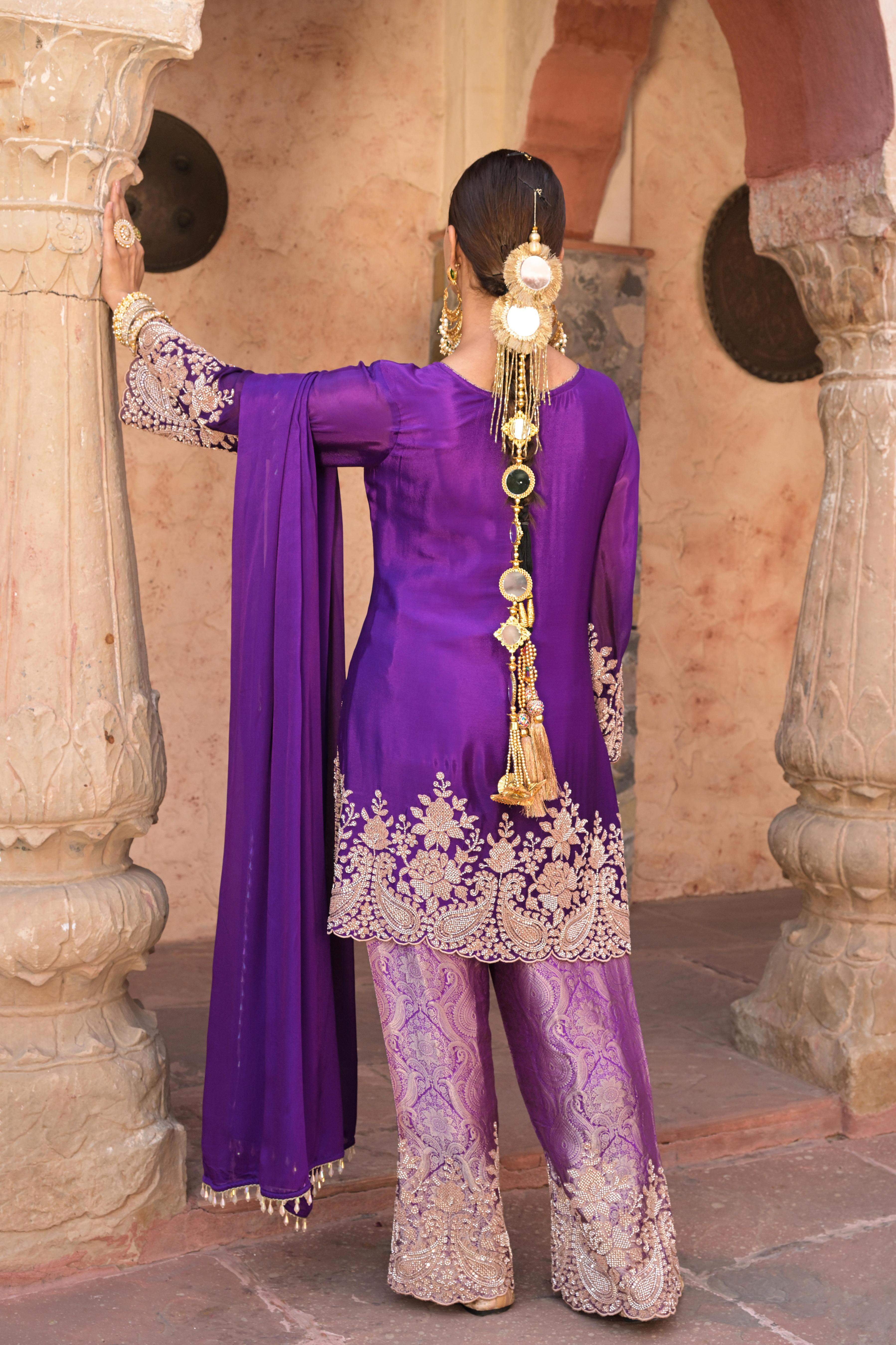 Royal Purple Embellished Chinon Silk Pant Set