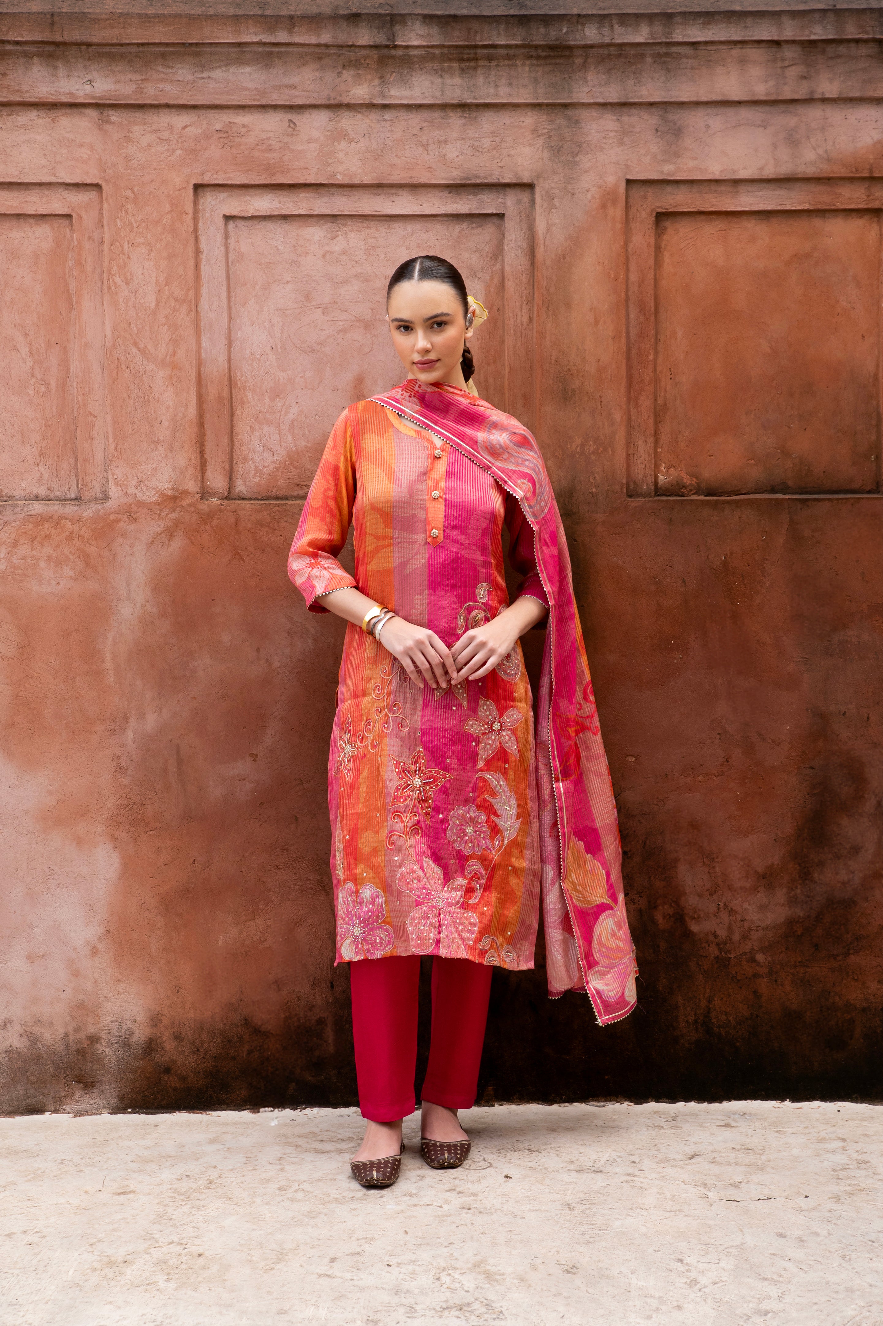 Pure Pink Embellished  Premium Silk Pant Set