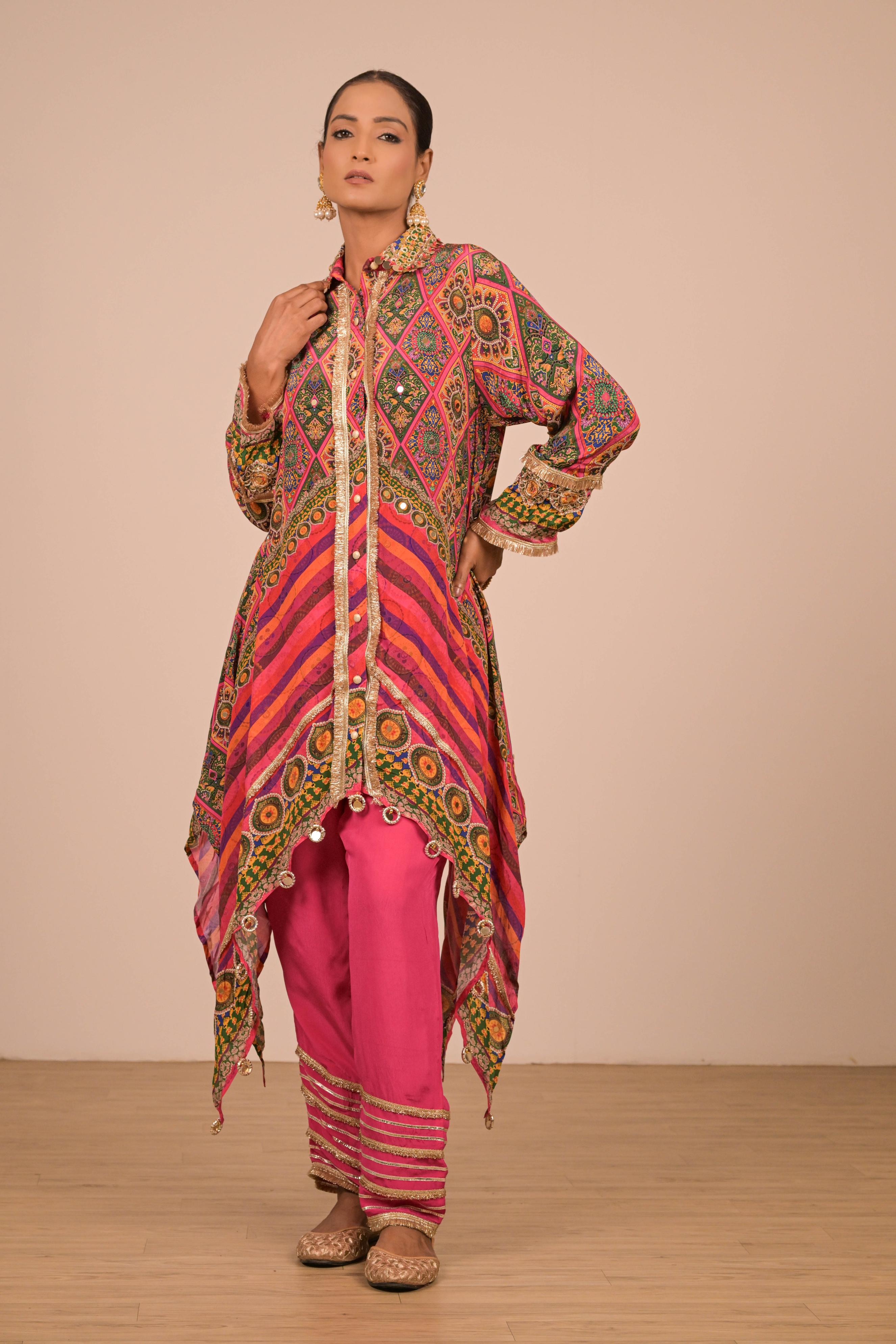 Asymmetrical Printed Kurta Set in Jewel Tones