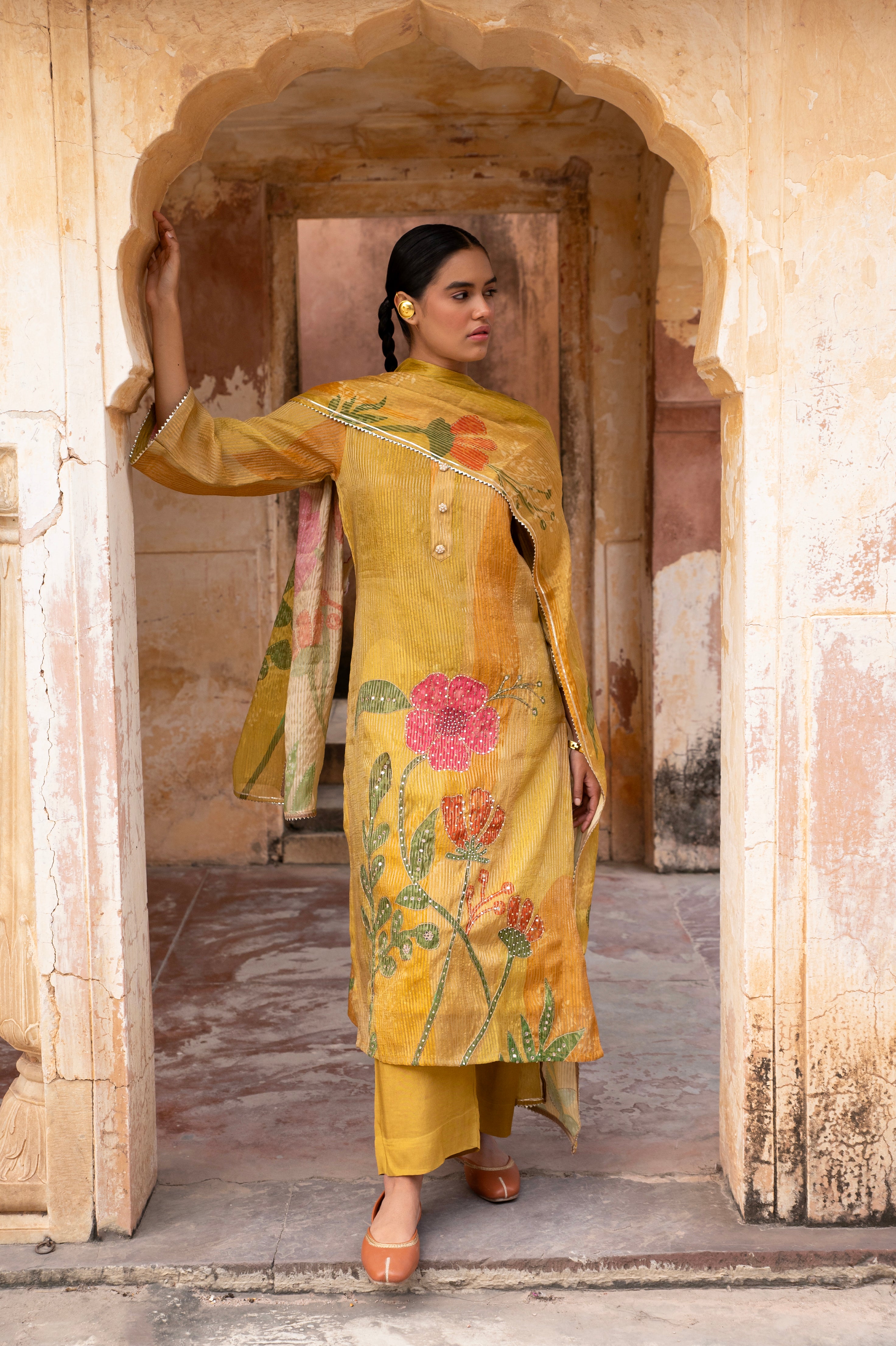 Mustard Embellished  Premium Silk Pant Set