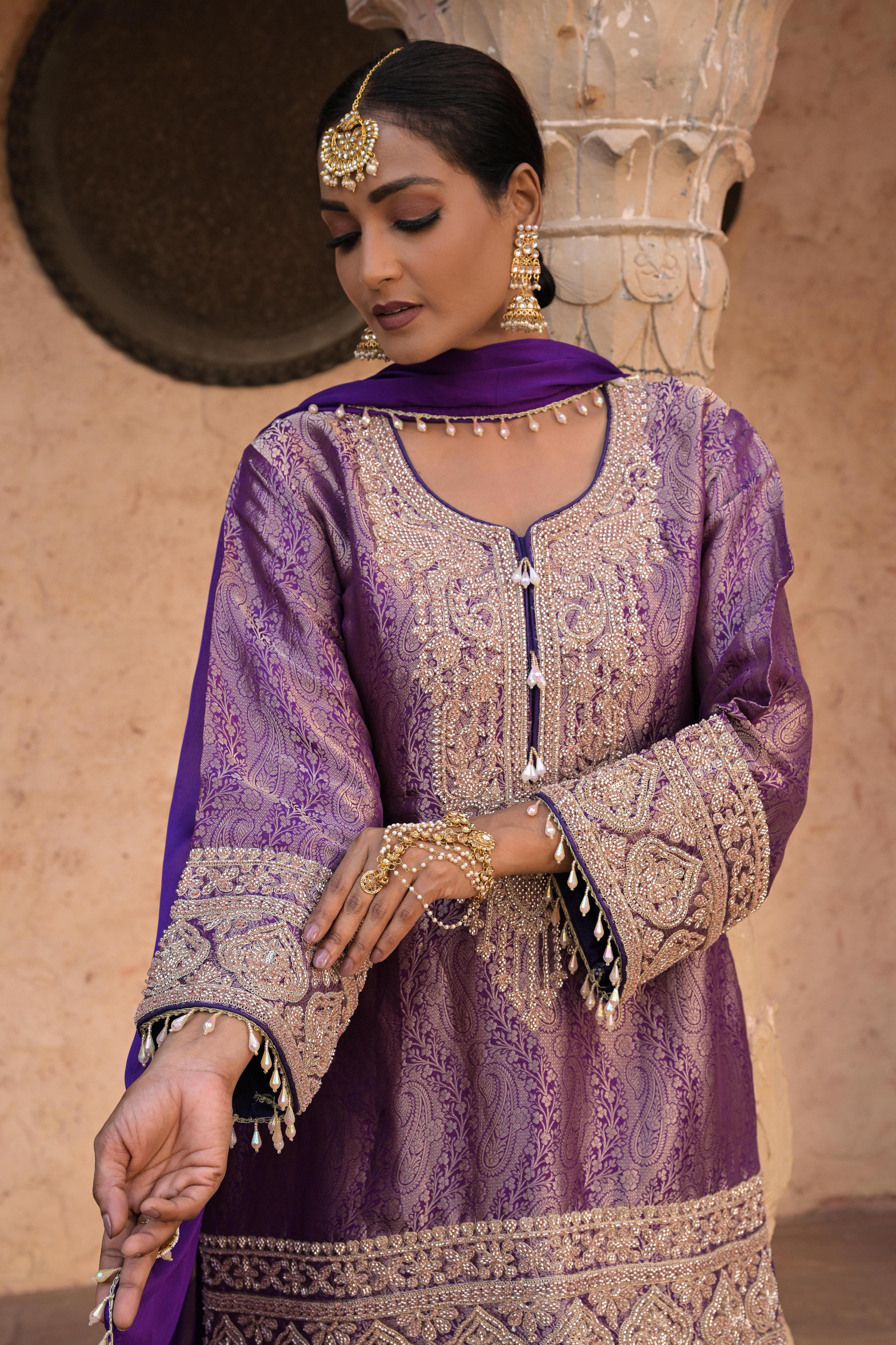 Deep Rich Purple Embellished Banarasi Silk Palazzo Set