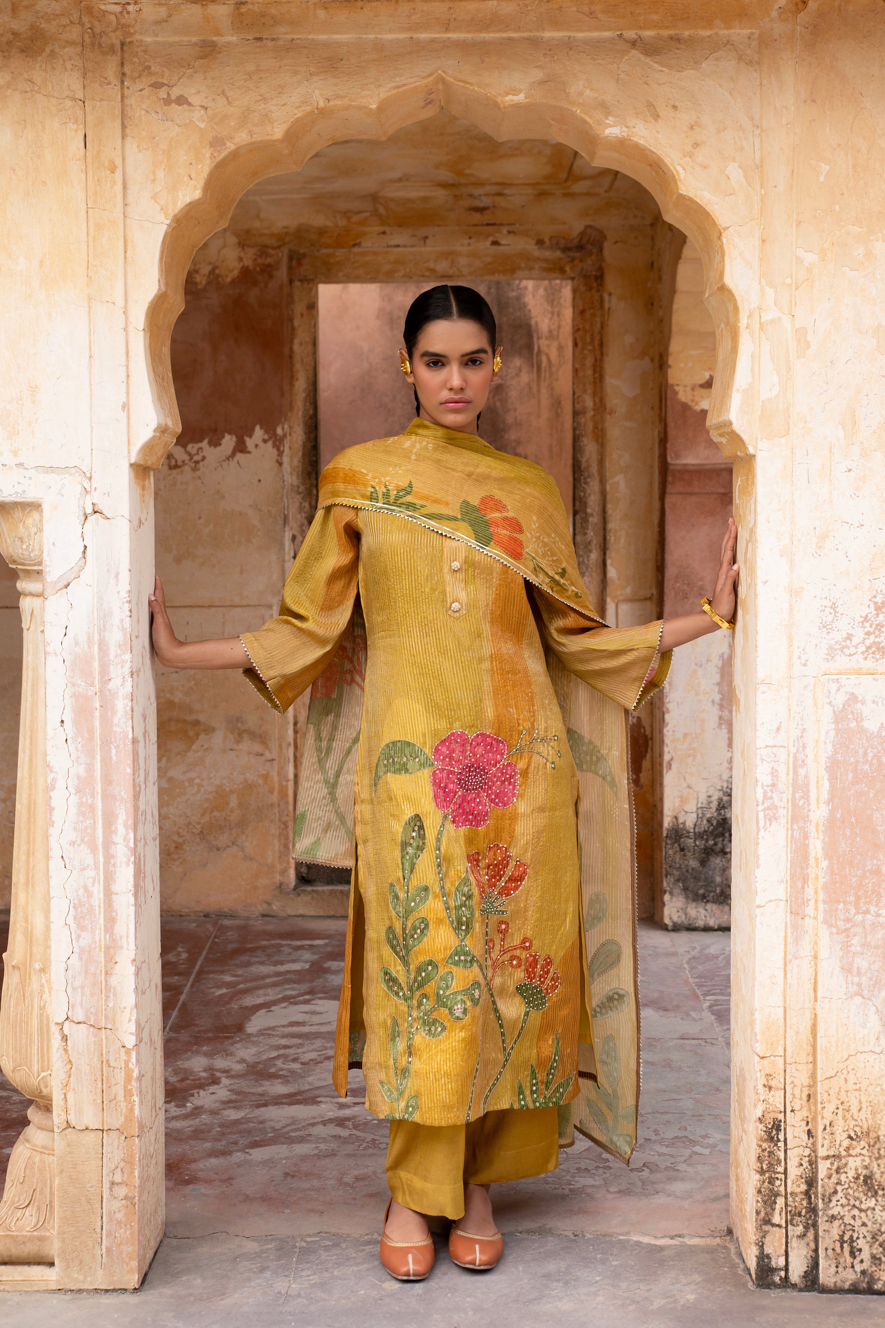 Mustard Embellished  Premium Silk Pant Set