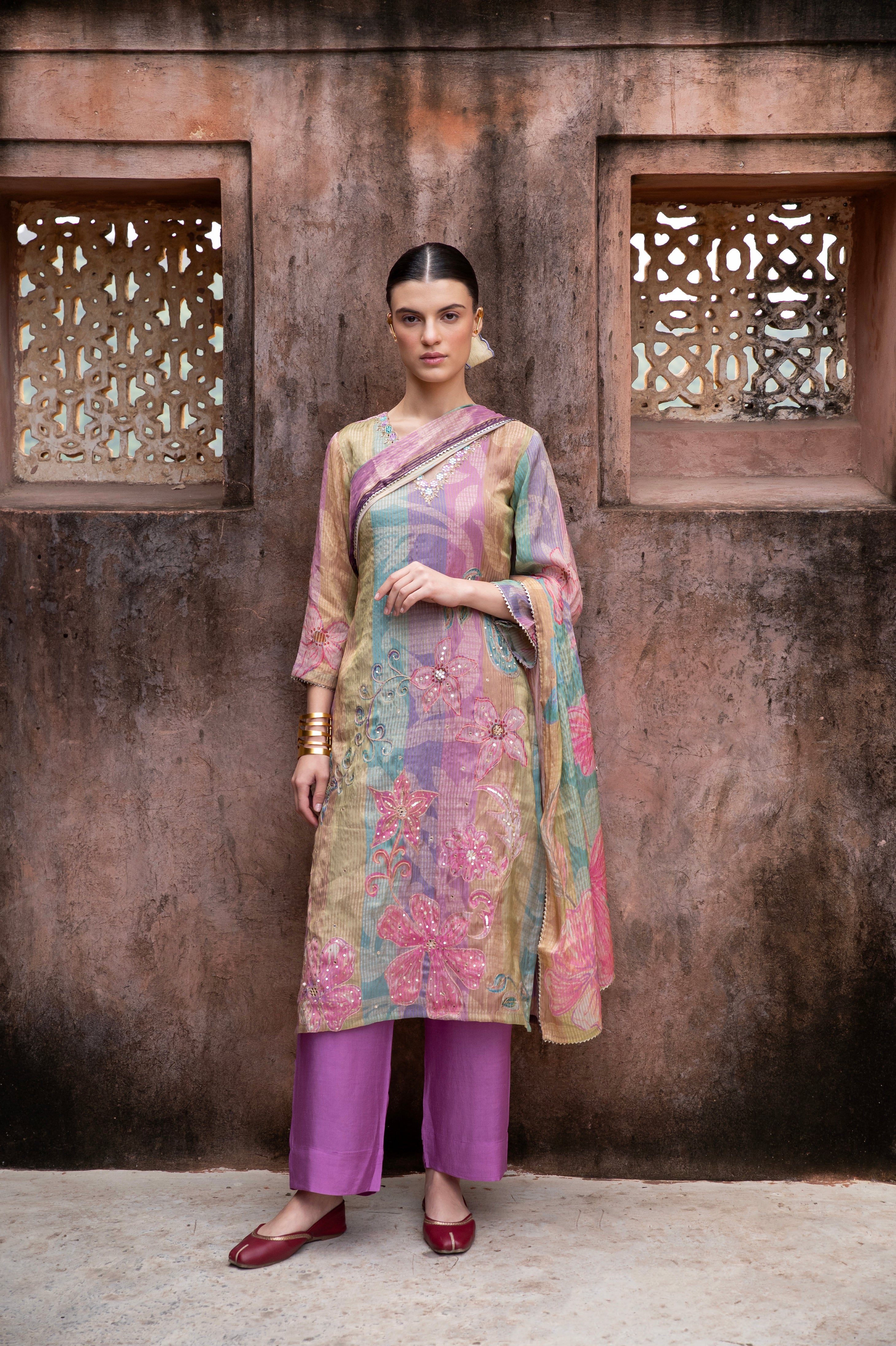 Purple Embellished  Premium Silk Pant Set